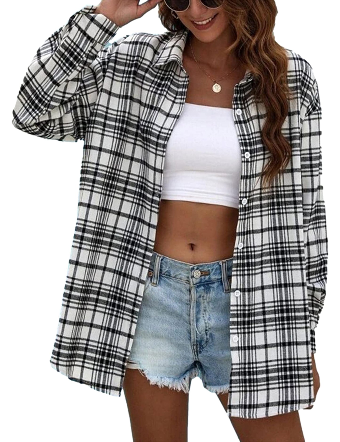 Plaid Flannel Shirts for Women Oversized Long Sleeve Button Down Buffalo Plaid Shirt Blouse Tops