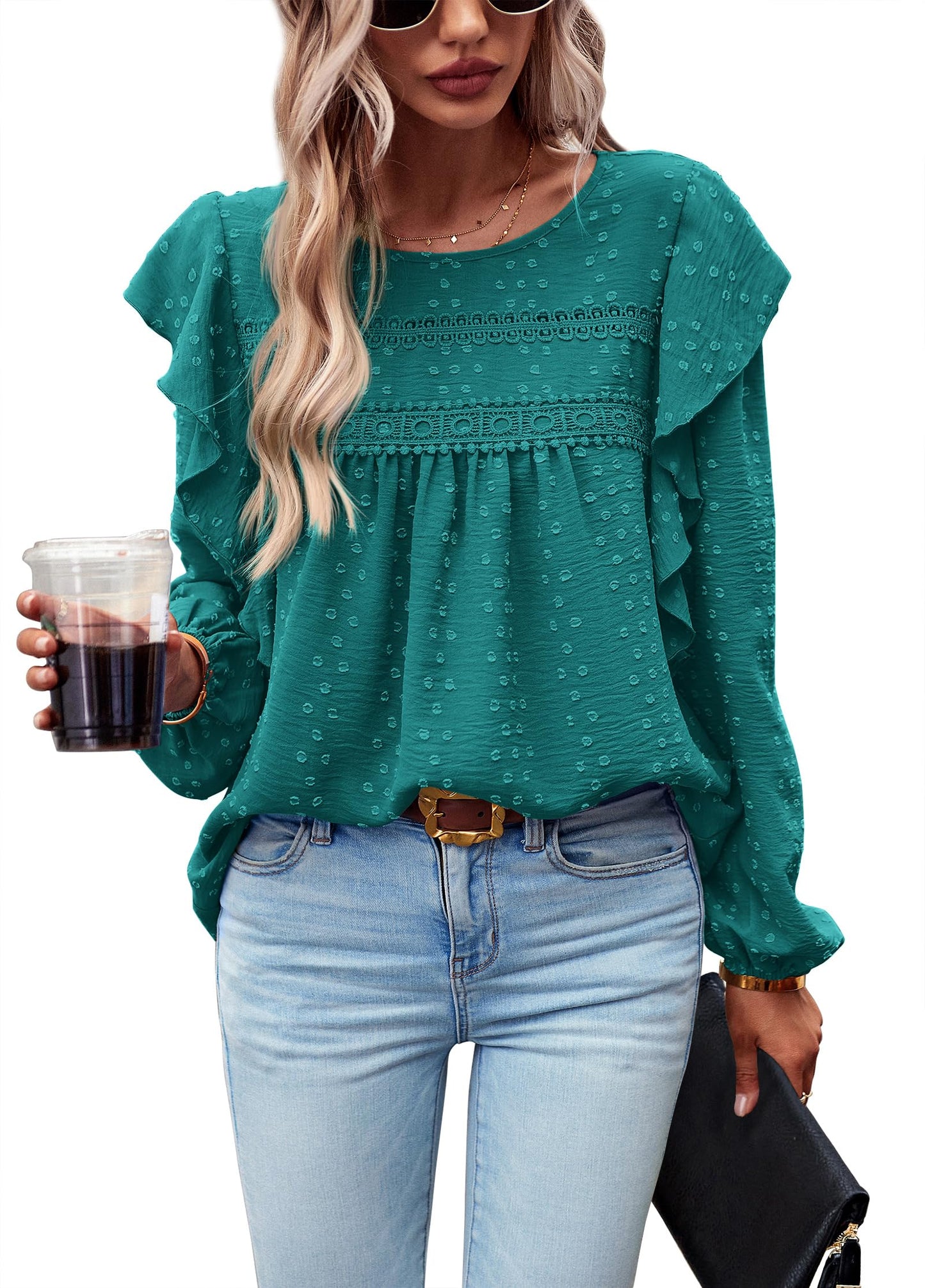 Women's Long Sleeve Blouses Ruffle Swiss Dot Crochet Loose Fit