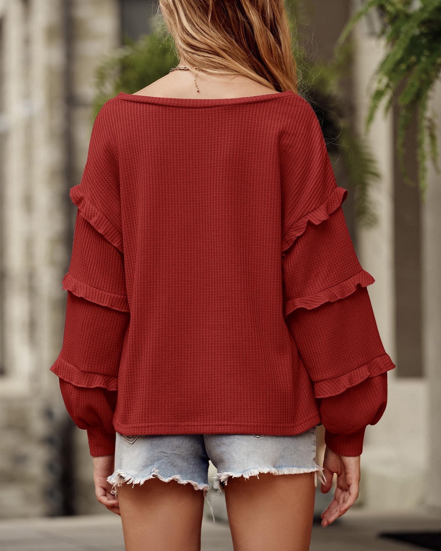 Women’s V Neck Long Sleeve Blouse Loose Fit Tunics Ruffles Off Shoulder Waffle Knit Solid Color Tops