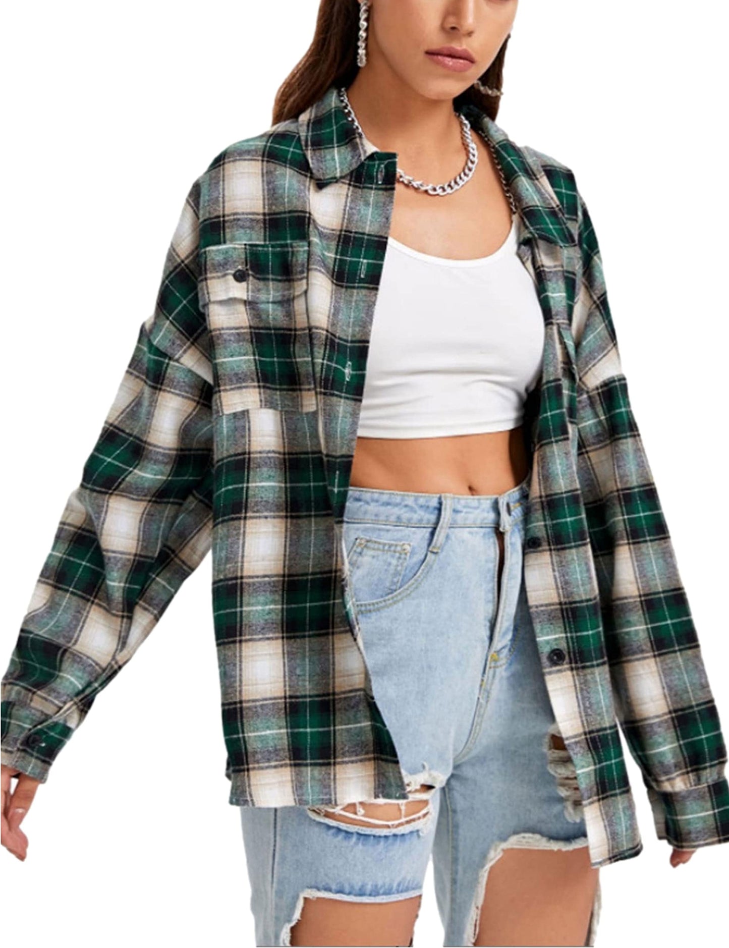 Plaid Flannel Shirts for Women Oversized Long Sleeve Button Down Buffalo Plaid Shirt Blouse Tops