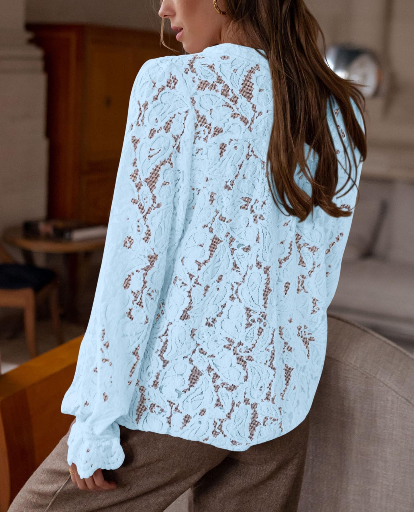 Women's Dressy Casual Lace Blouse Long Sleeve Button Up Shirts Tops