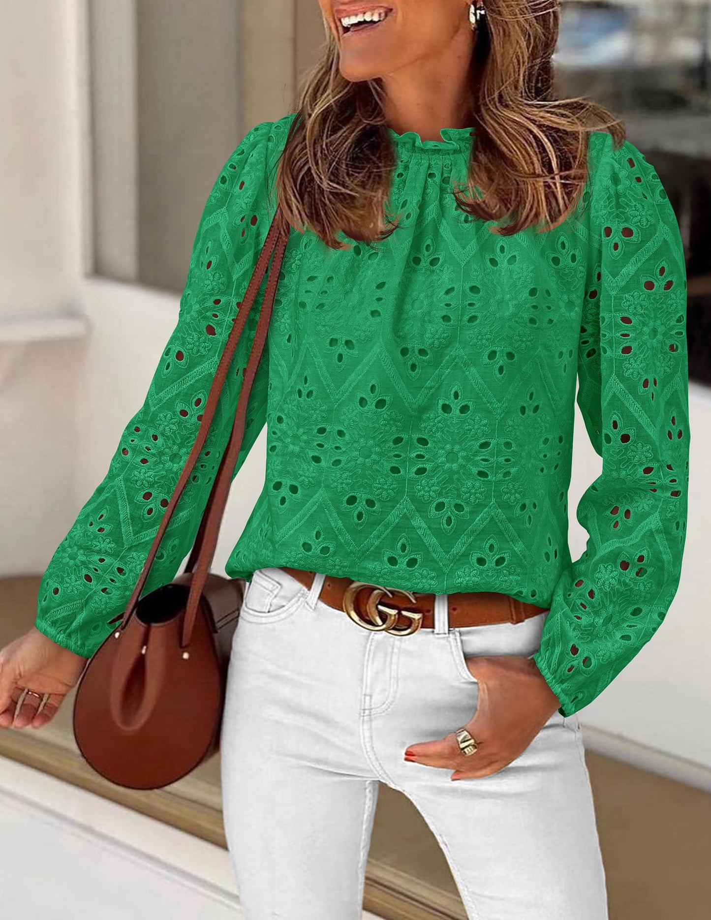 Women’s Blouses Dressy Casual Embroidered Long Puff Sleeve Shirts Ruffle Eyelet Lace Top