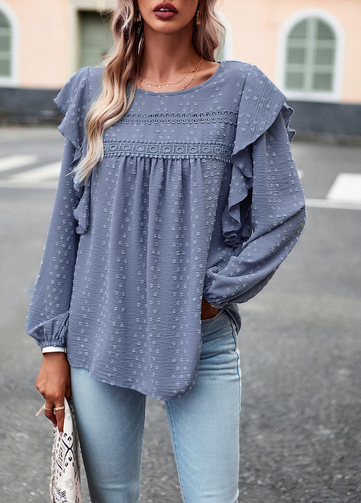Women's Long Sleeve Blouses Ruffle Swiss Dot Crochet Loose Fit