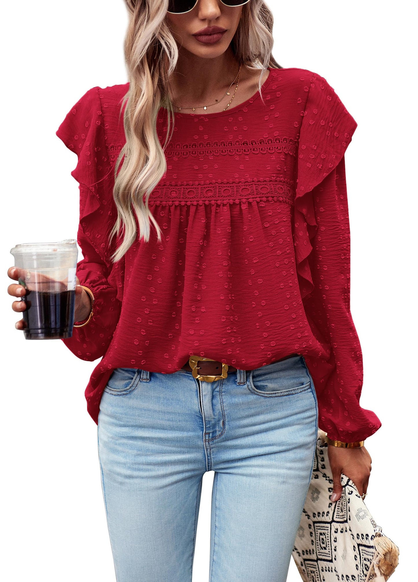 Women's Long Sleeve Blouses Ruffle Swiss Dot Crochet Loose Fit
