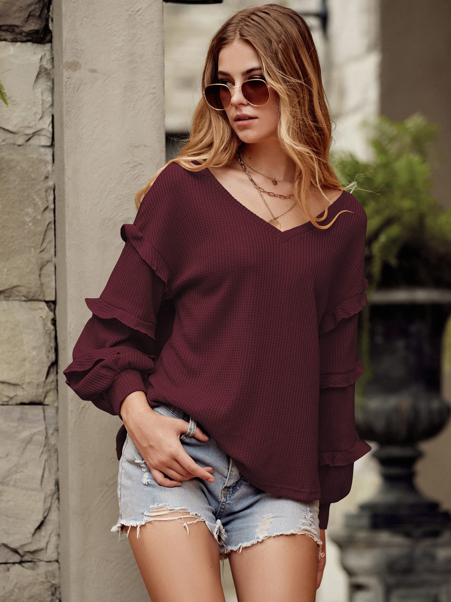 Women’s V Neck Long Sleeve Blouse Loose Fit Tunics Ruffles Off Shoulder Waffle Knit Solid Color Tops