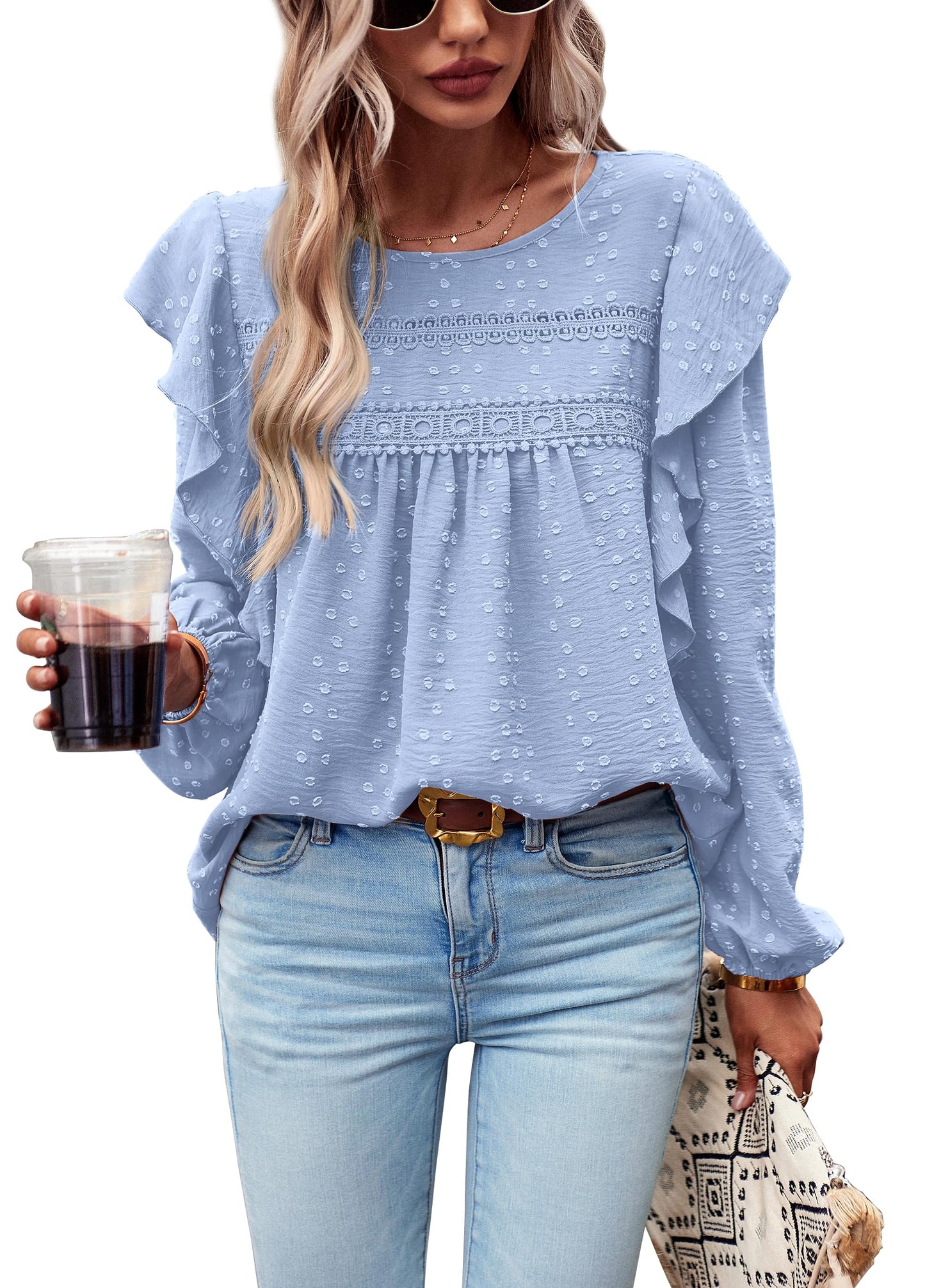 Women's Long Sleeve Blouses Ruffle Swiss Dot Crochet Loose Fit