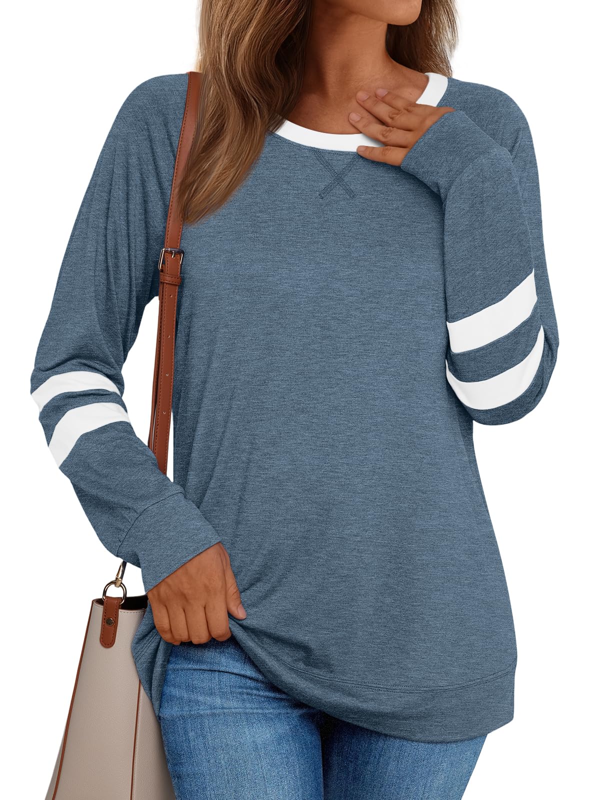 Womens Long Sleeve Shirts Color Block Casual Crewneck Tops Tshirt Basic Tees Fashion Clothes Trendy Outfits