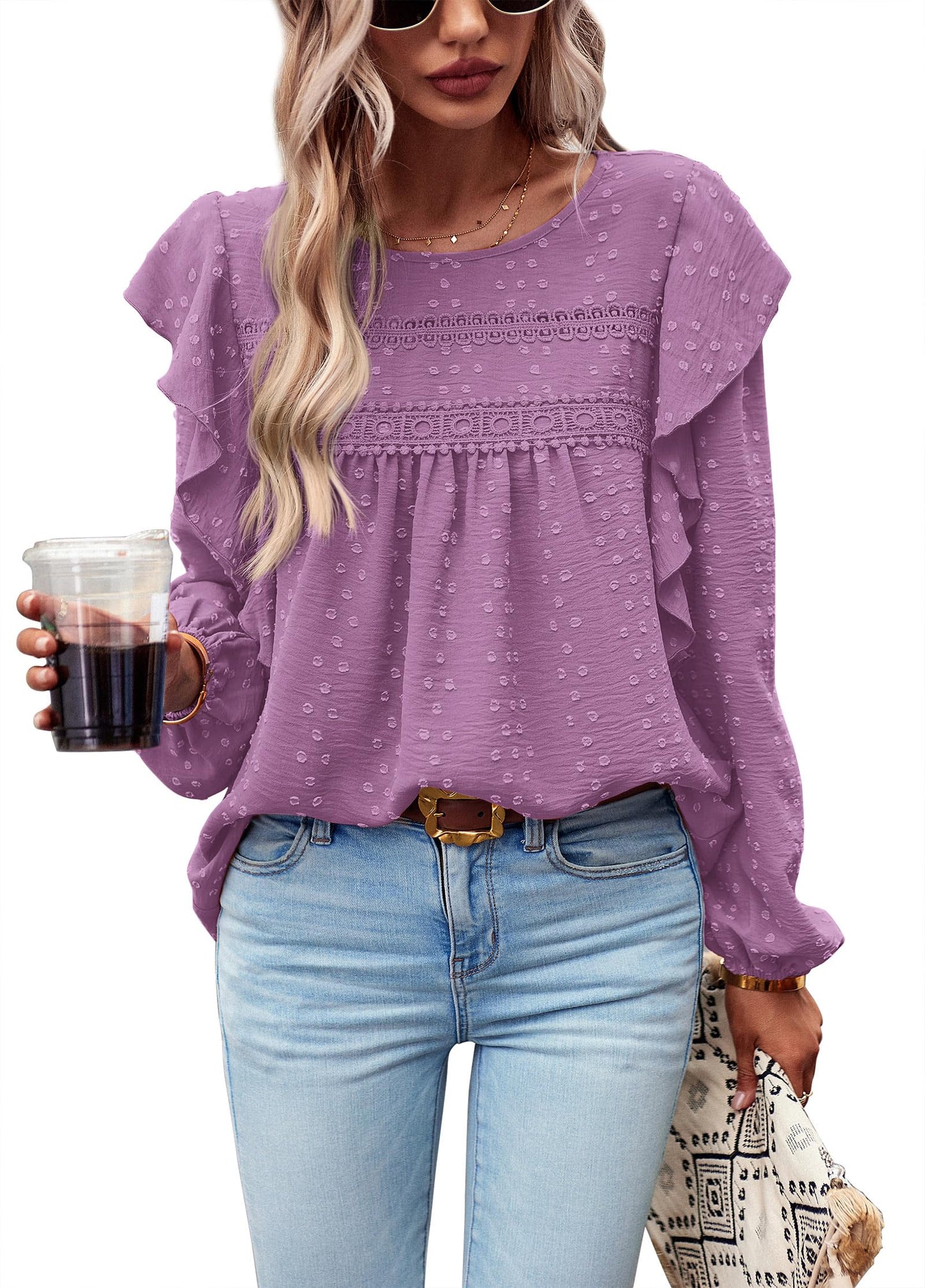 Women's Long Sleeve Blouses Ruffle Swiss Dot Crochet Loose Fit