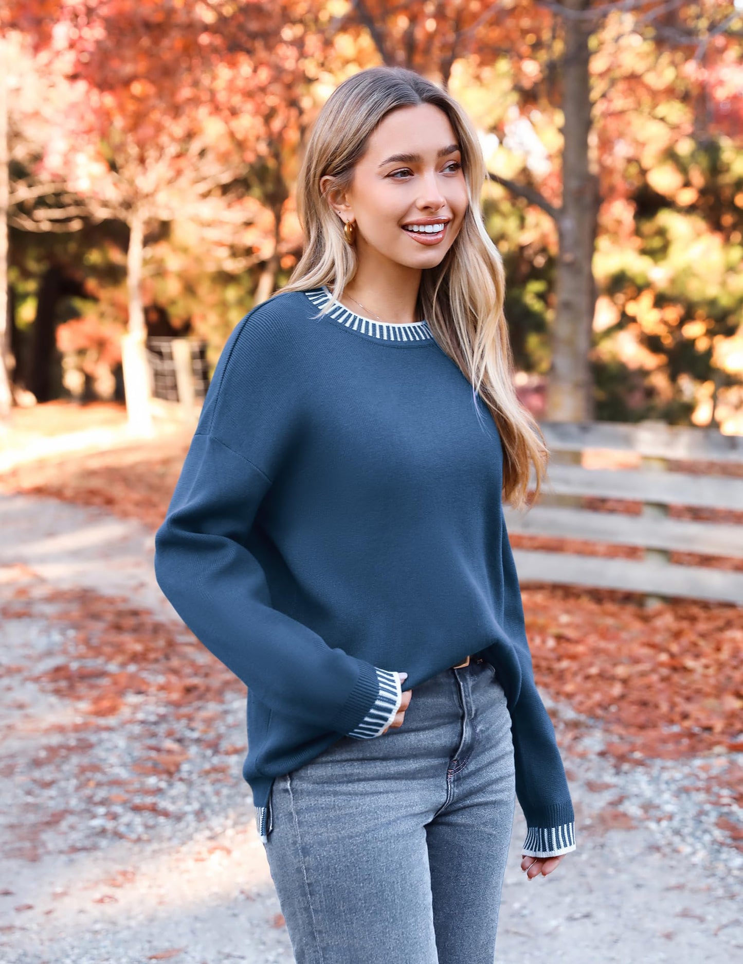 Womens Crewneck Pullover Sweater Long Sleeve Knit Side Slit