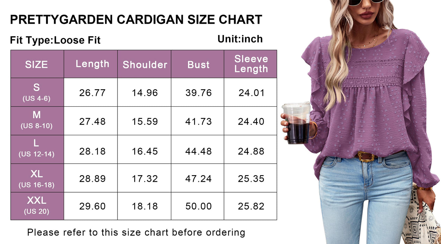 Women's Long Sleeve Blouses Ruffle Swiss Dot Crochet Loose Fit