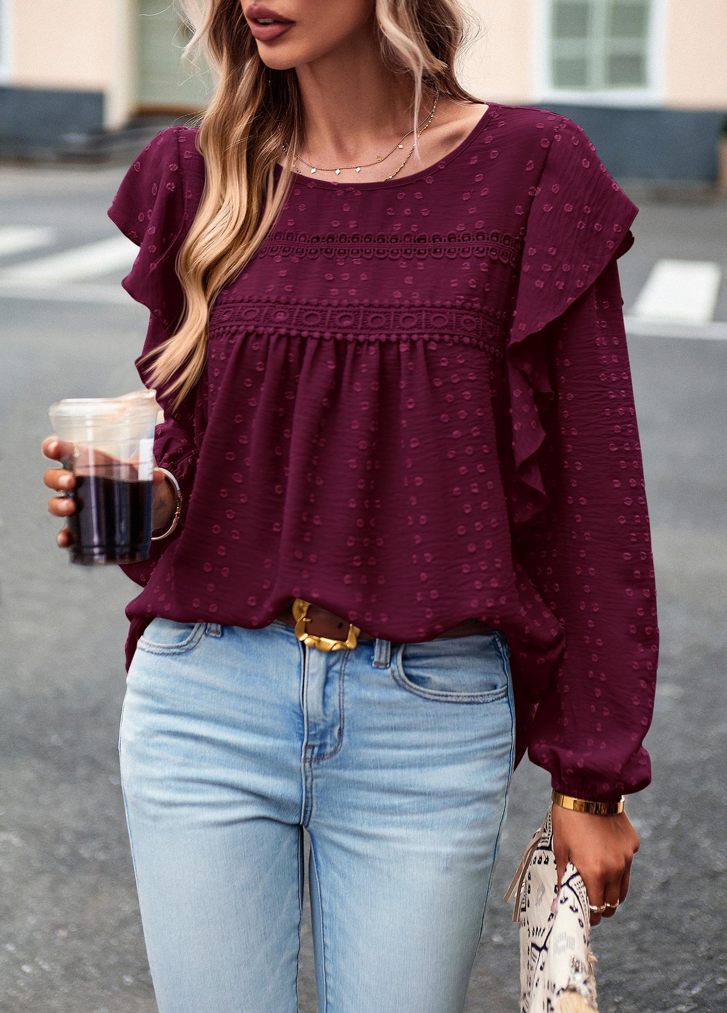 Women's Long Sleeve Blouses Ruffle Swiss Dot Crochet Loose Fit