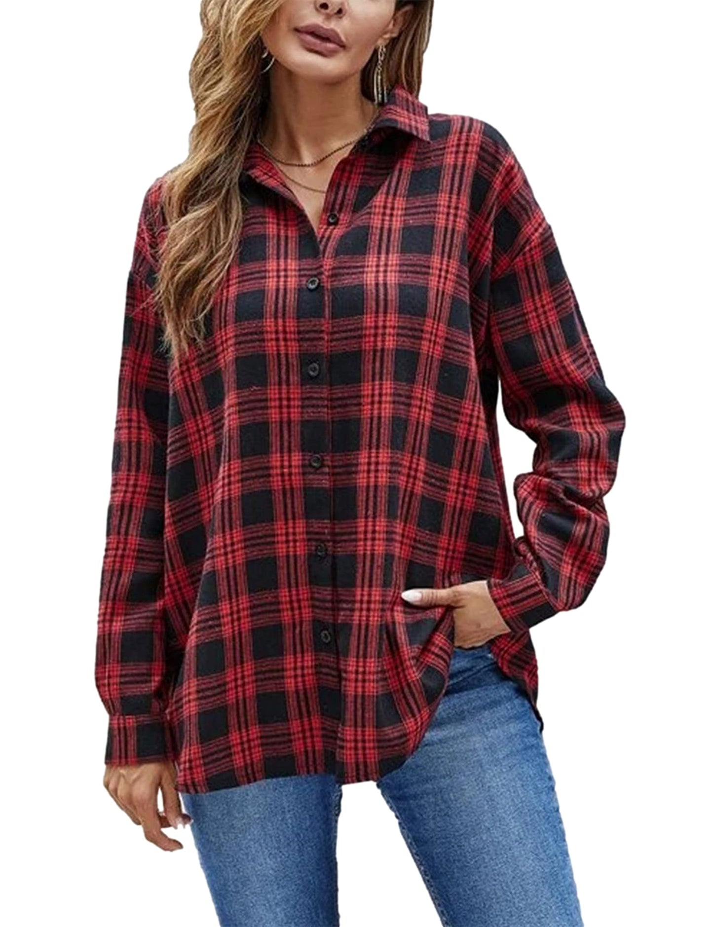 Plaid Flannel Shirts for Women Oversized Long Sleeve Button Down Buffalo Plaid Shirt Blouse Tops