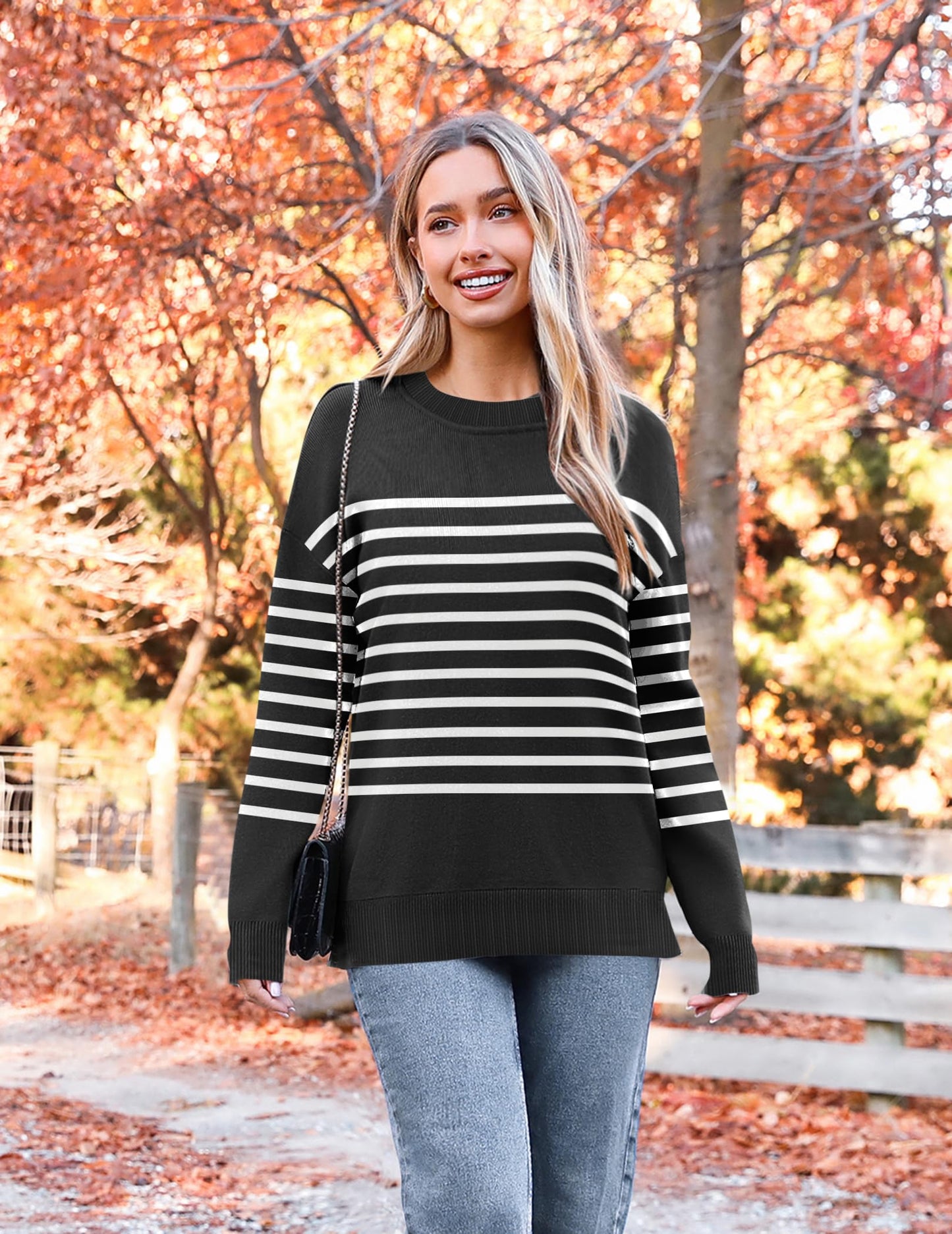 Womens Crewneck Pullover Sweater Long Sleeve Knit Side Slit