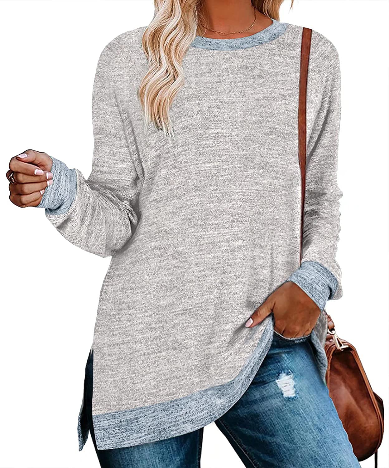 Womens Crewneck Pullovers Color Block Long Sleeve Side Split Tunic Tops