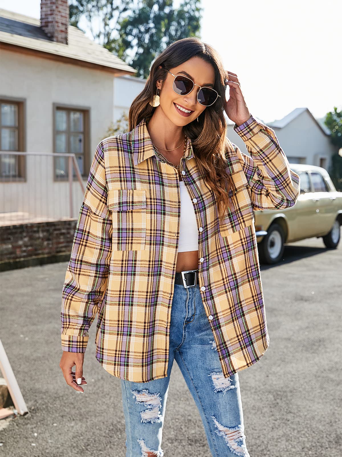 Women's Button Down Flannel Shirts Plaid Shacket Long Sleeve Collared Business Casual Tops Work Blouses