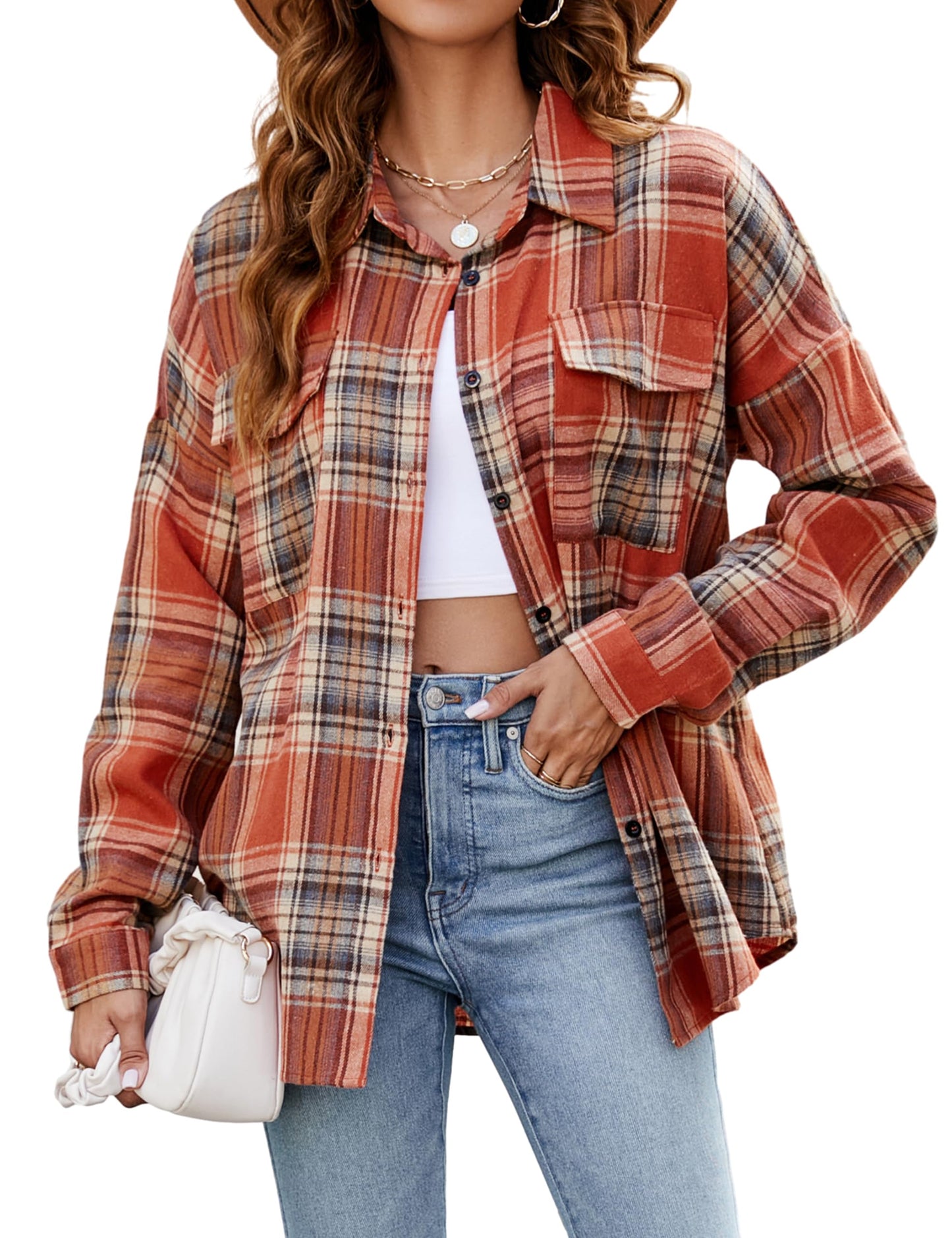 Women's Button Down Flannel Shirts Plaid Shacket Long Sleeve Collared Business Casual Tops Work Blouses