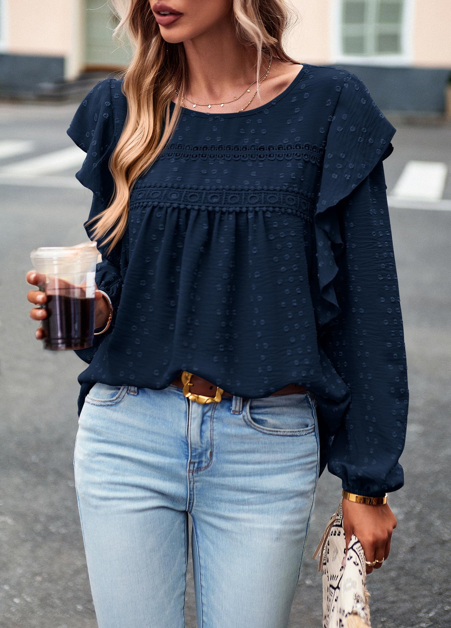 Women's Long Sleeve Blouses Ruffle Swiss Dot Crochet Loose Fit