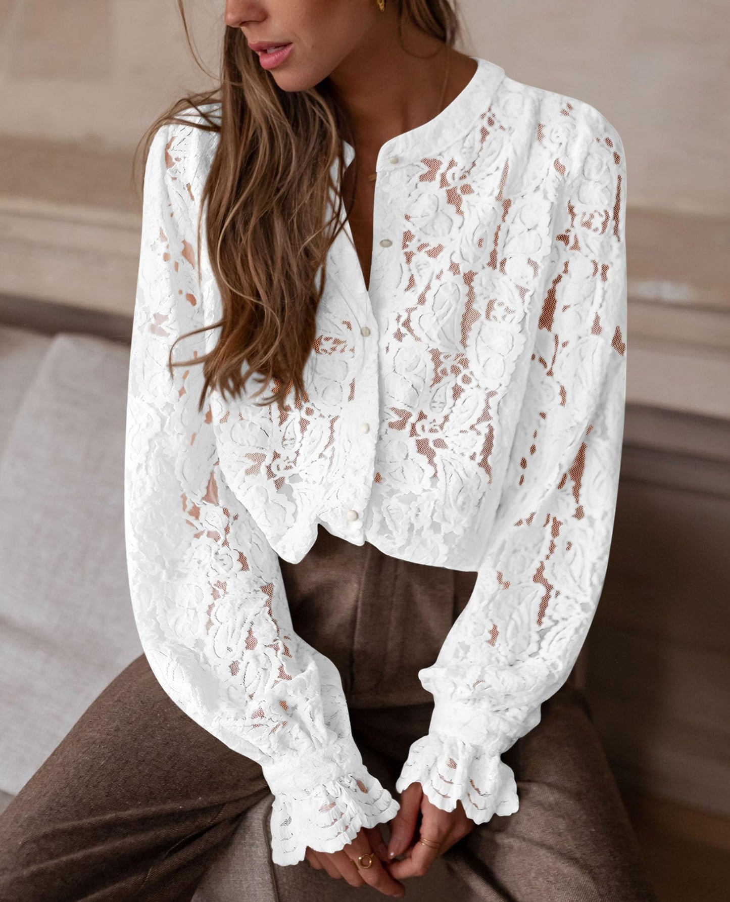 Women's Dressy Casual Lace Blouse Long Sleeve Button Up Shirts Tops