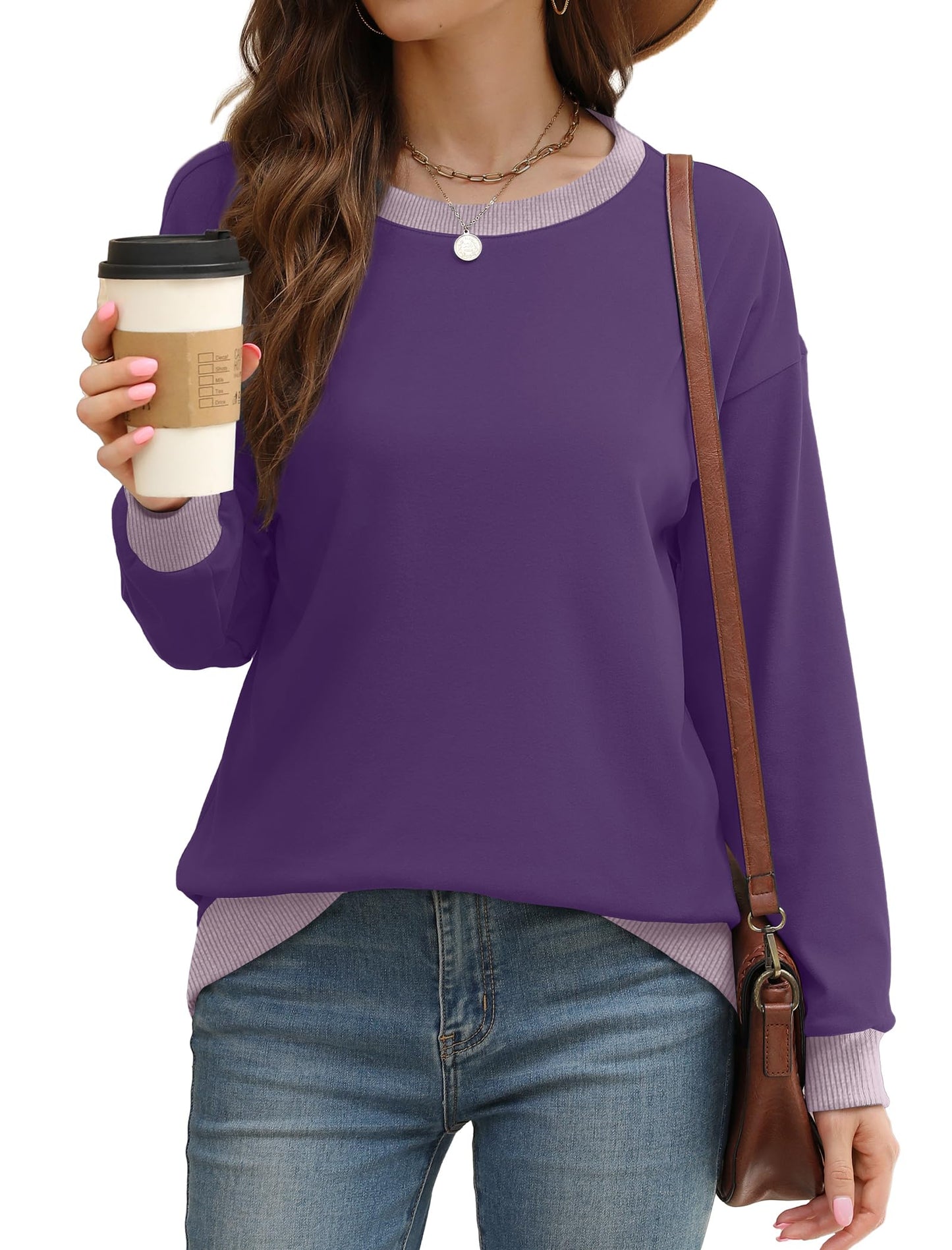 Sweatshirts for Women Crewneck Long Sleeve Loose Fit Tops Color Block Ribbed Trim Fashion