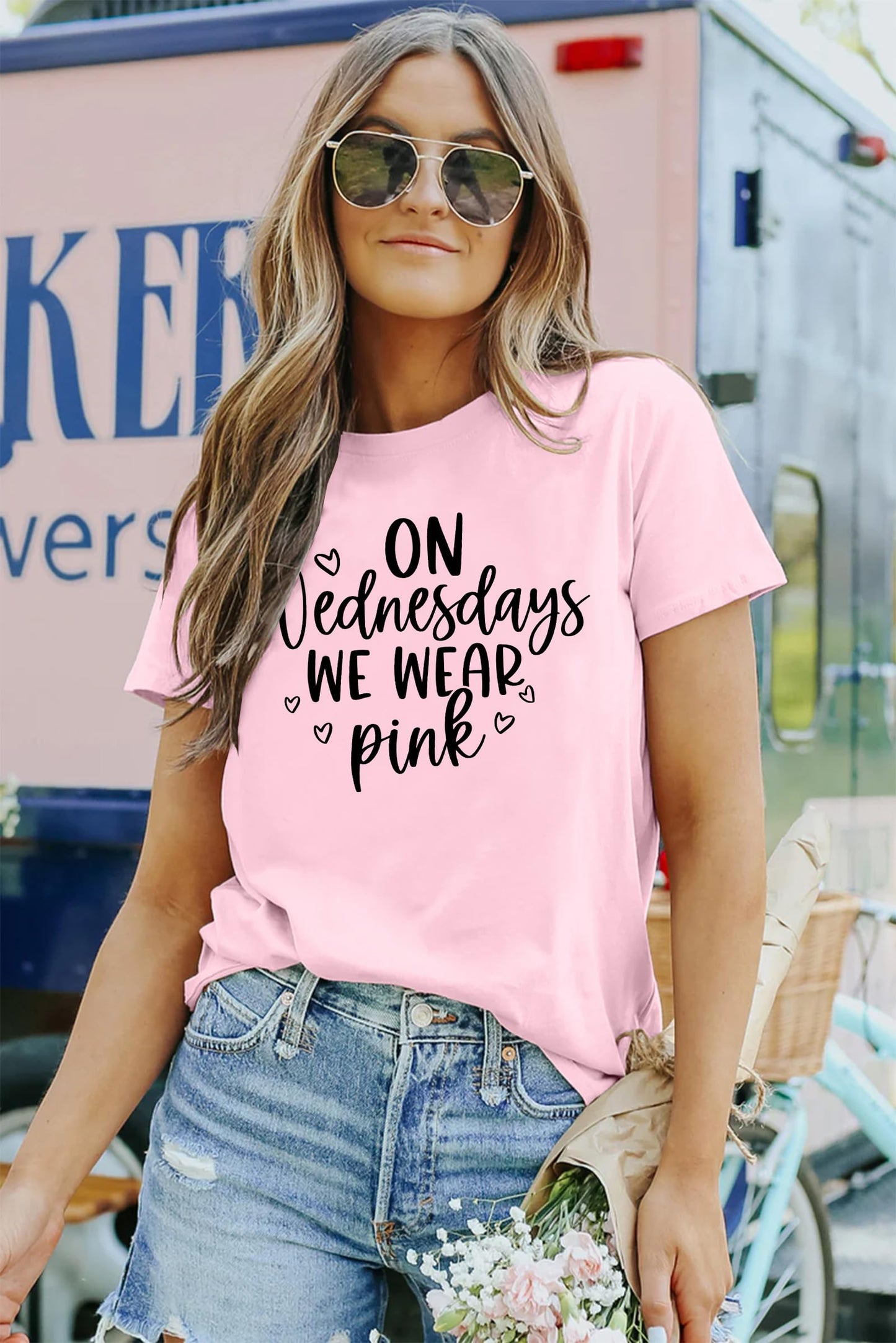 On Wednesday We Wear Pink Shirt Women Breast Cancer T Shirt Short Sleeve Print Tees Gifts for Girls Matching Outfits Top
