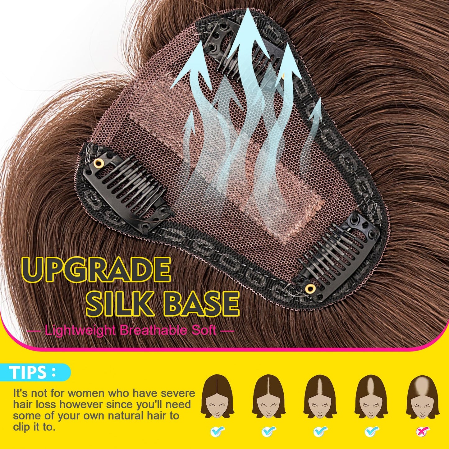 Human Hair Toppers for Women Real Human Hair No Bangs Toppers Hair Pieces for Women with Thinning Hair Upgraded Silk Base 10in. Clip In