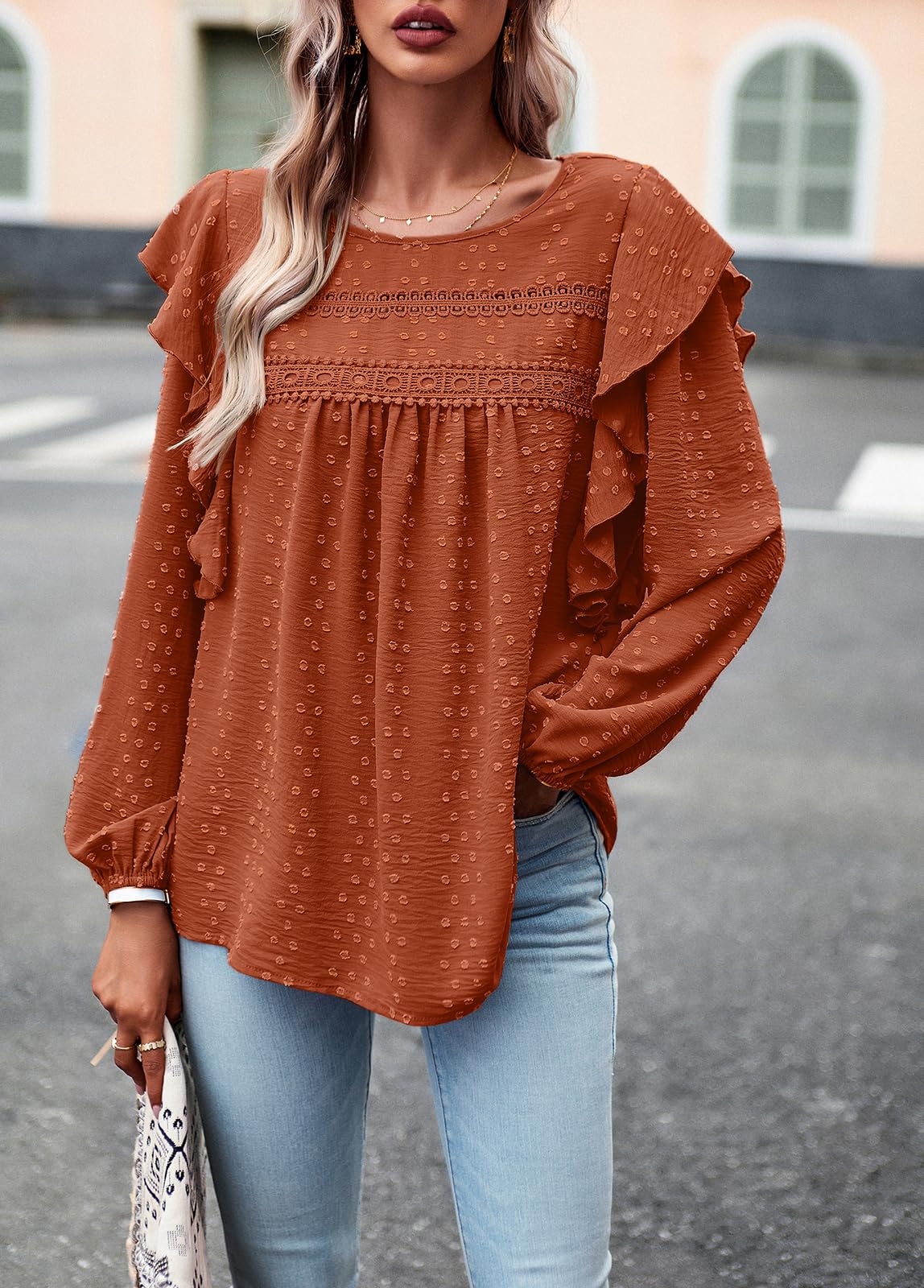 Women's Long Sleeve Blouses Ruffle Swiss Dot Crochet Loose Fit