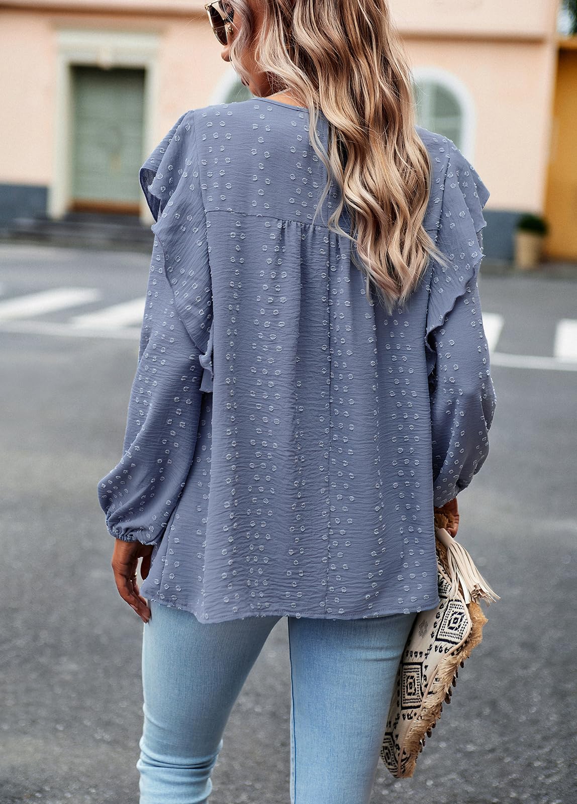 Women's Long Sleeve Blouses Ruffle Swiss Dot Crochet Loose Fit