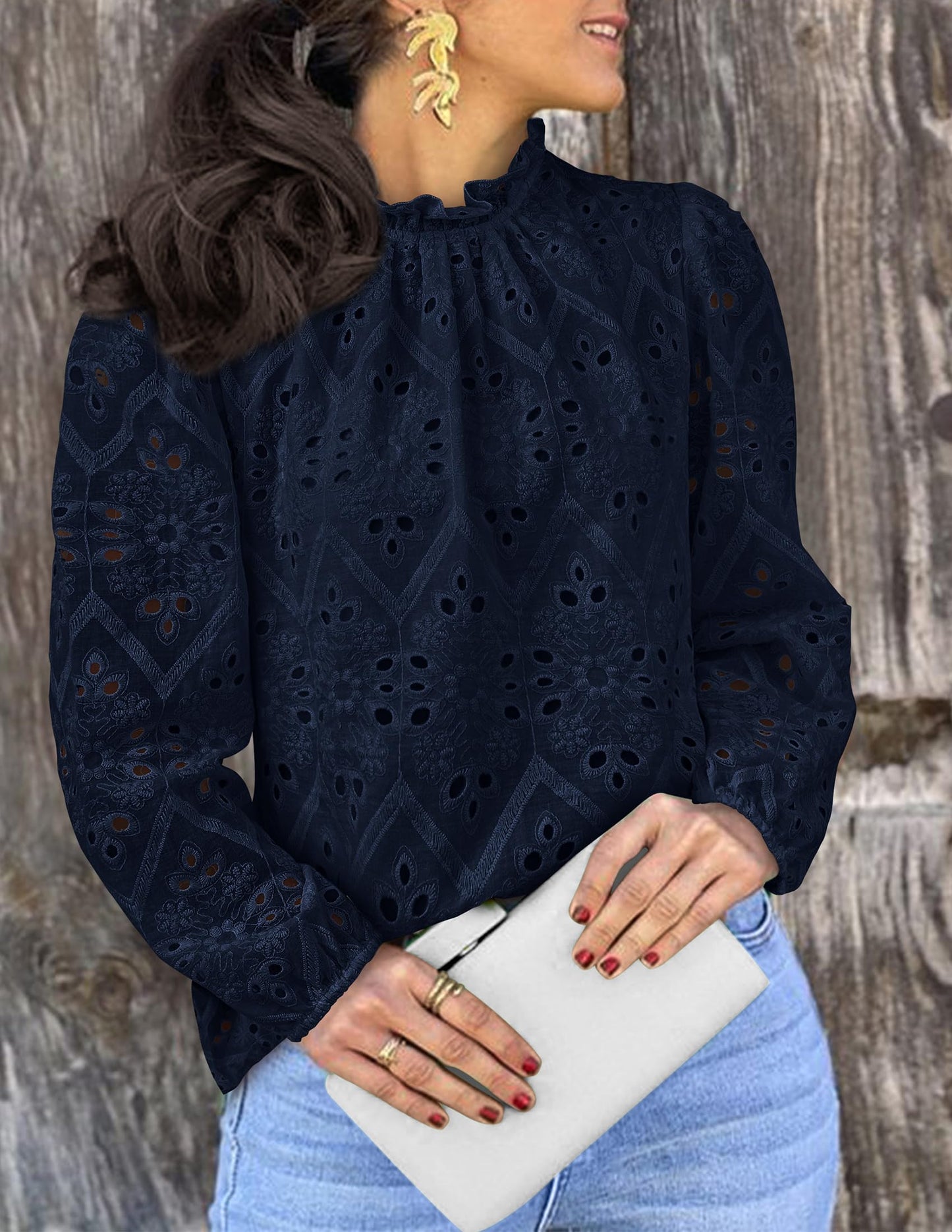 Women’s Blouses Dressy Casual Embroidered Long Puff Sleeve Shirts Ruffle Eyelet Lace Top