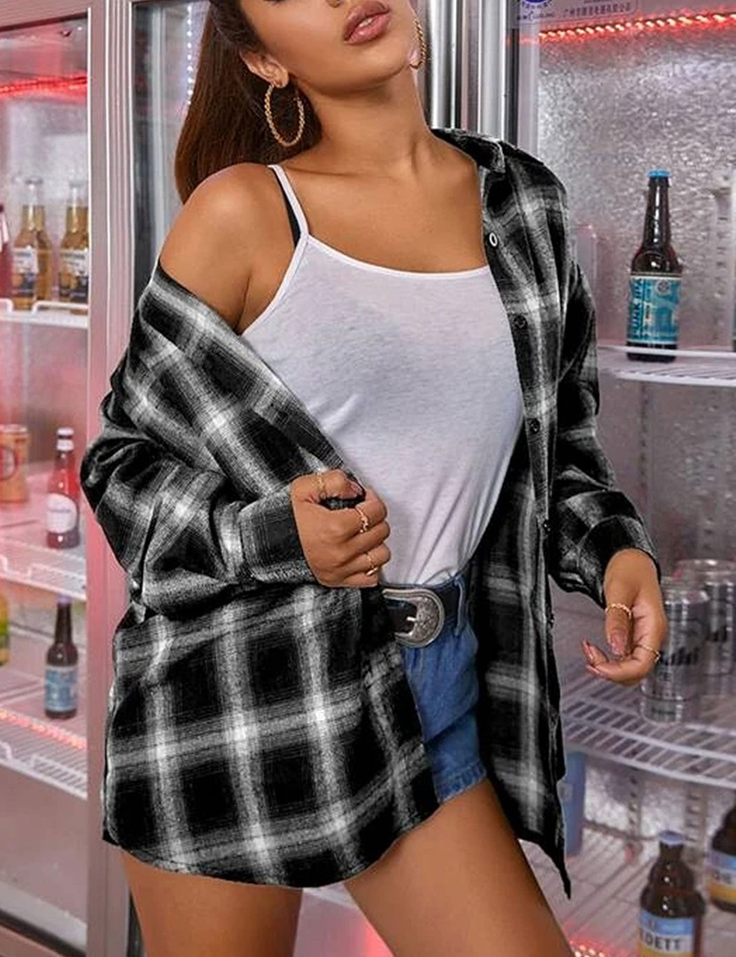 Plaid Flannel Shirts for Women Oversized Long Sleeve Button Down Buffalo Plaid Shirt Blouse Tops