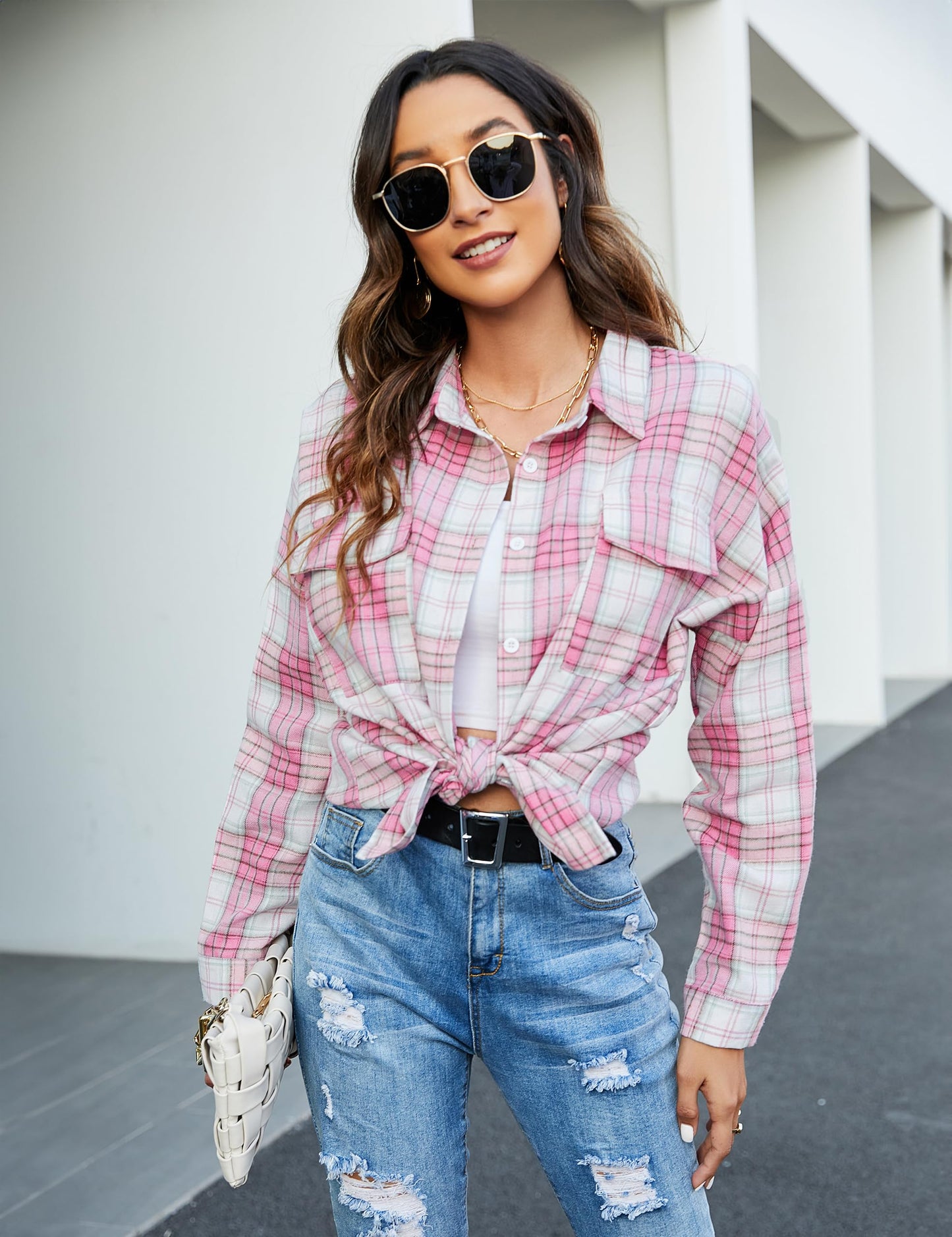 Women's Button Down Flannel Shirts Plaid Shacket Long Sleeve Collared Business Casual Tops Work Blouses