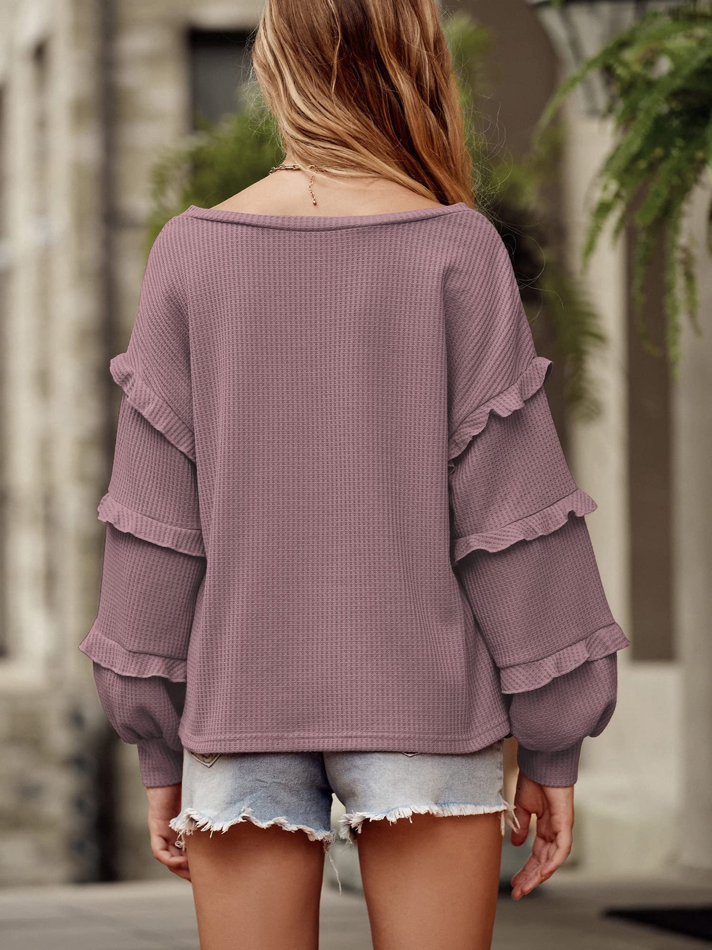 Women’s V Neck Long Sleeve Blouse Loose Fit Tunics Ruffles Off Shoulder Waffle Knit Solid Color Tops