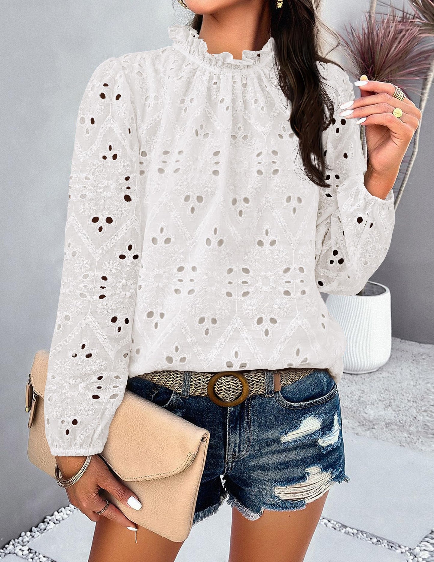 Women’s Blouses Dressy Casual Embroidered Long Puff Sleeve Shirts Ruffle Eyelet Lace Top