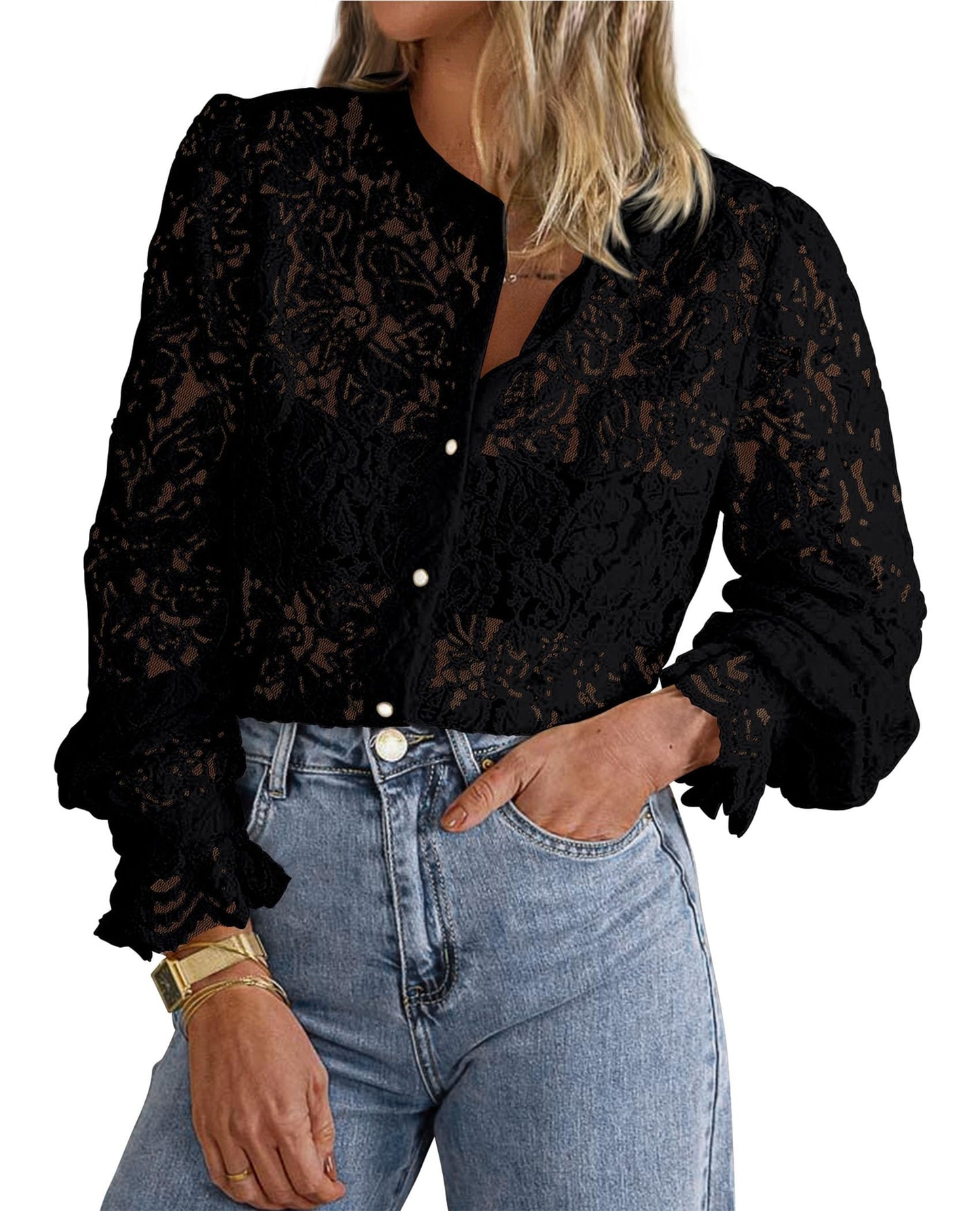 Women's Dressy Casual Lace Blouse Long Sleeve Button Up Shirts Tops