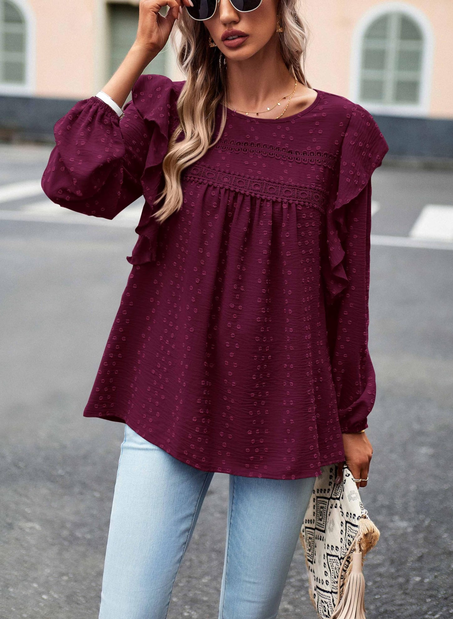 Women's Long Sleeve Blouses Ruffle Swiss Dot Crochet Loose Fit