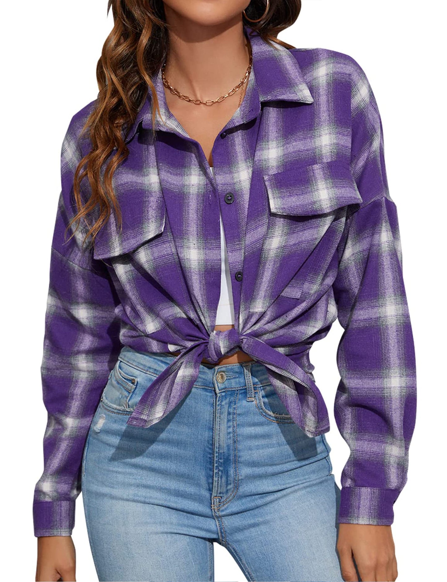 Women's Button Down Flannel Shirts Plaid Shacket Long Sleeve Collared Business Casual Tops Work Blouses