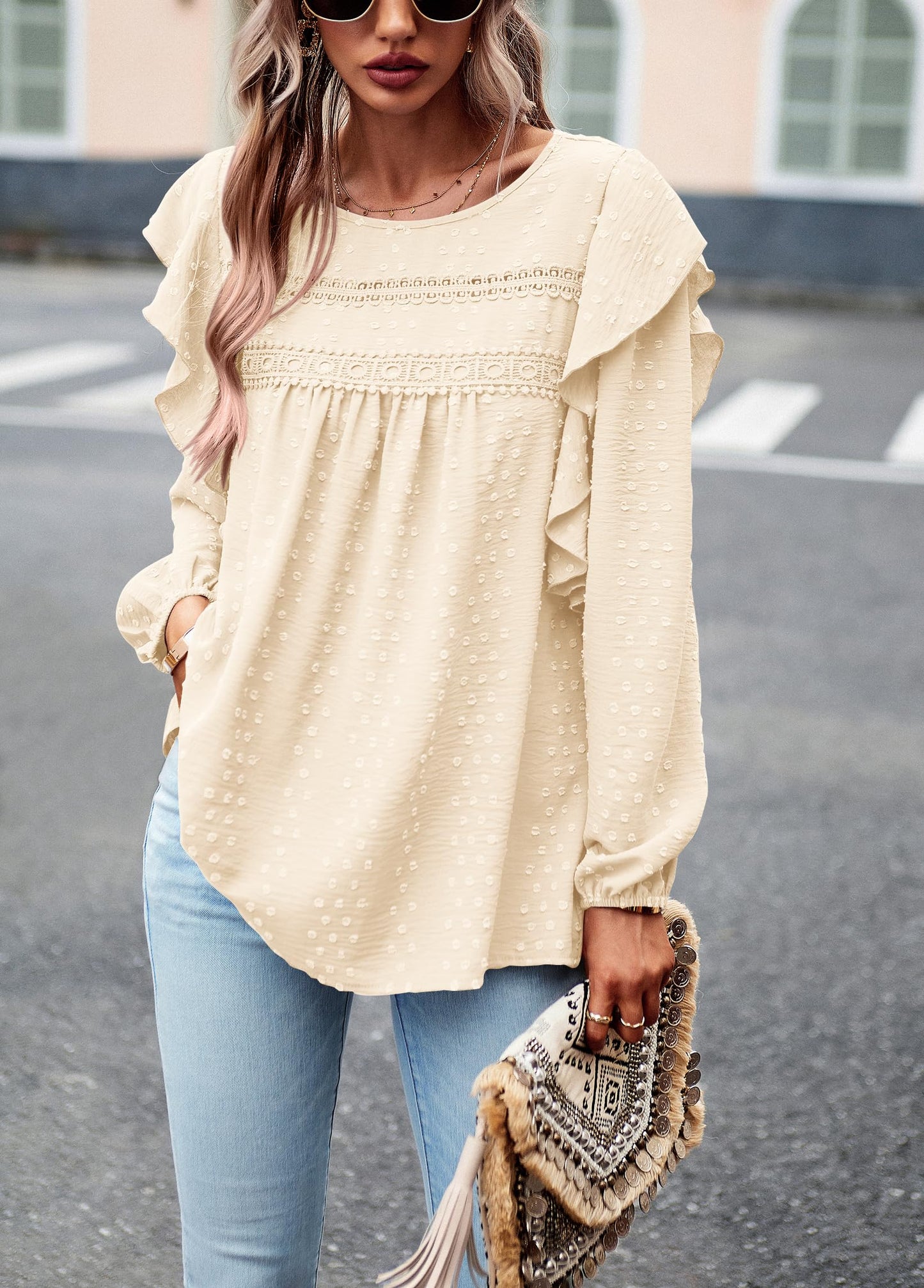 Women's Long Sleeve Blouses Ruffle Swiss Dot Crochet Loose Fit