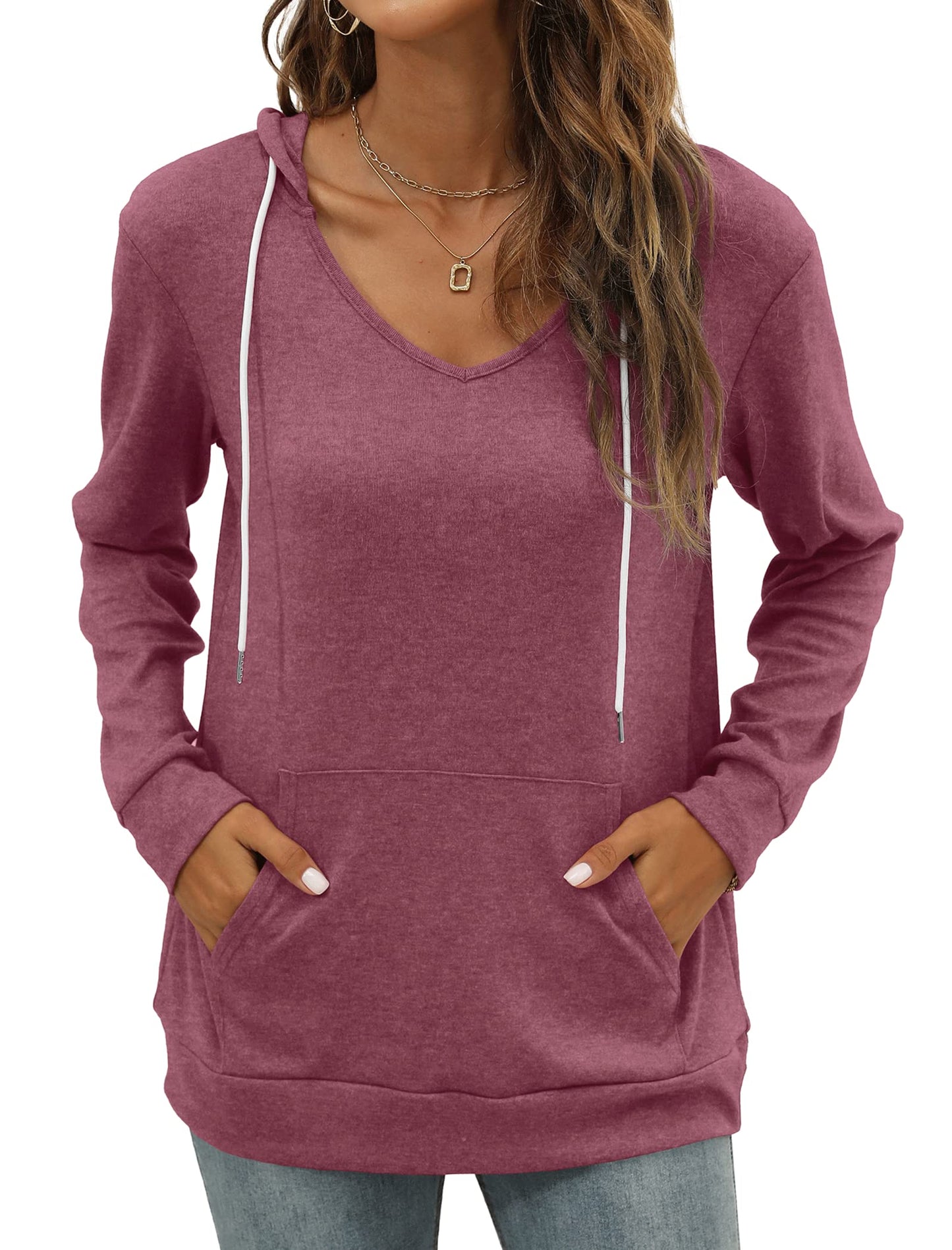 Pocket Hoodies for Womens V Neck Lightweight Sweatshirts Long Sleeve Tops