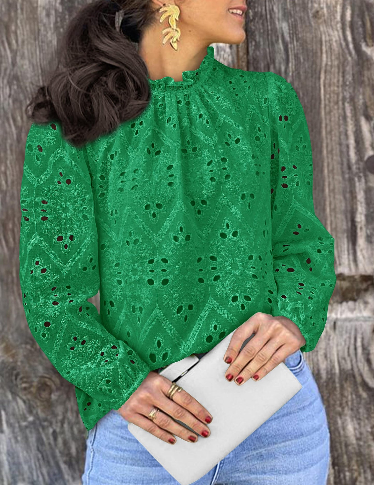 Women’s Blouses Dressy Casual Embroidered Long Puff Sleeve Shirts Ruffle Eyelet Lace Top