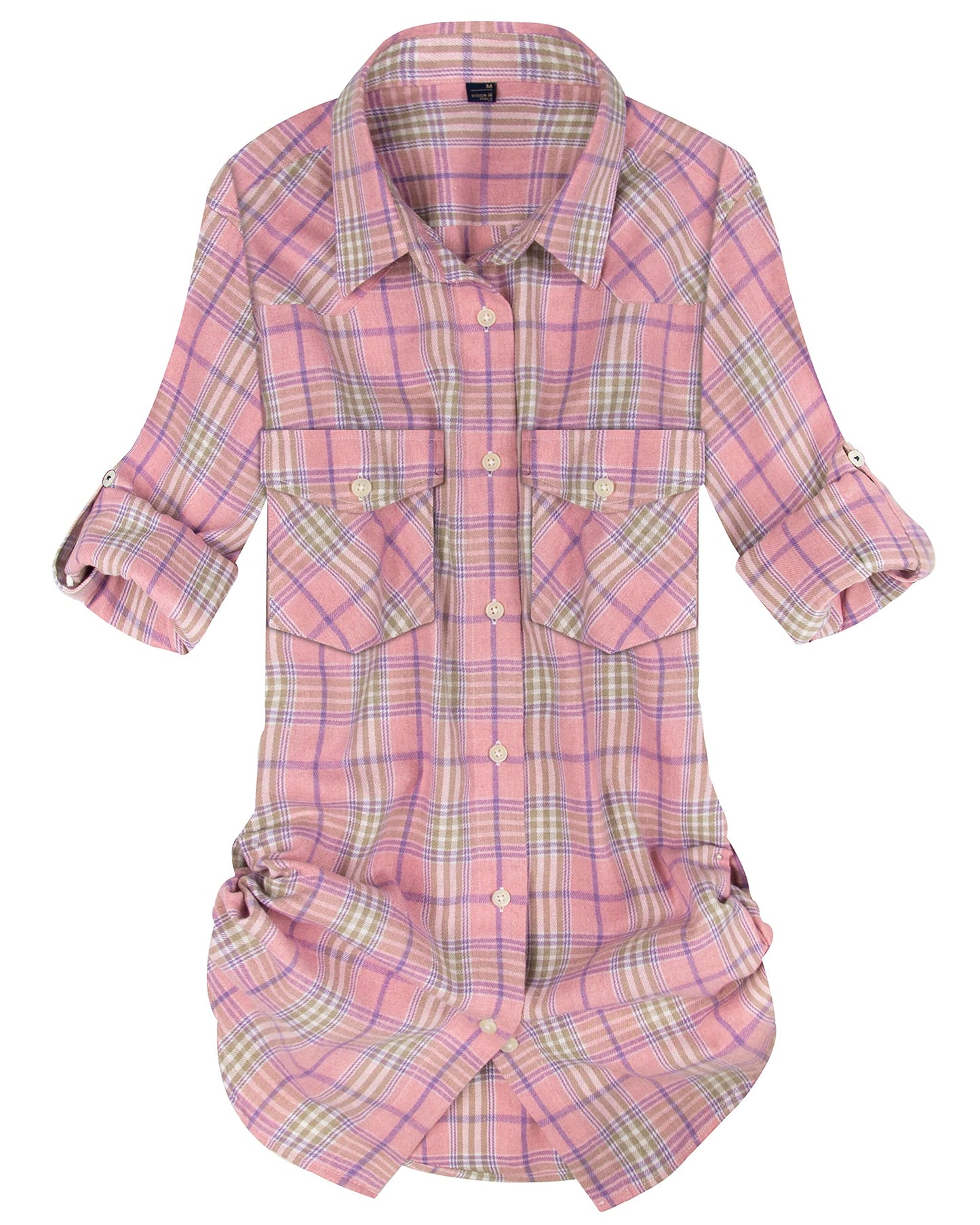 Womens Plaid Flannel Shirts Long Sleeve Roll Up Casual Button Down Shirt