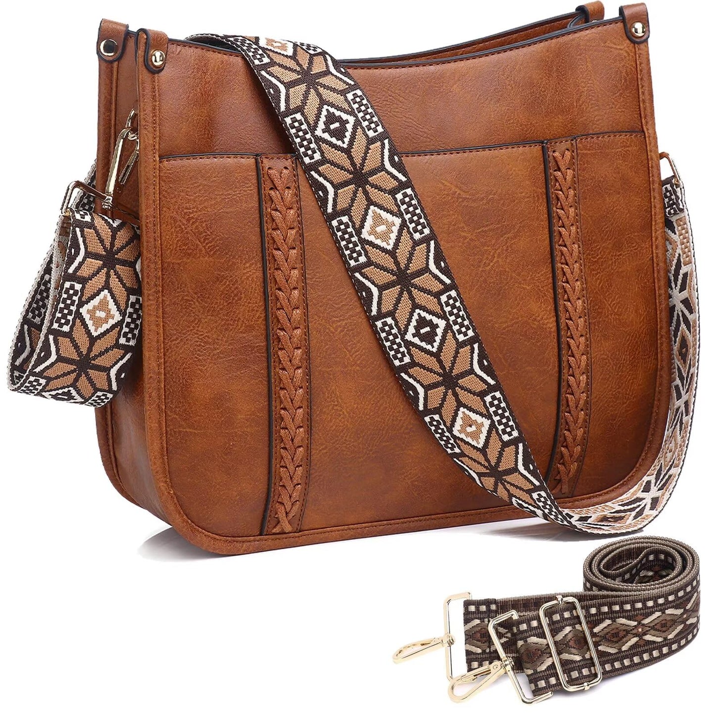 Vegan Leather Crossbody Bags for Women, Crossbody Purse with Guitar Strap Zipped Pockets Handbag