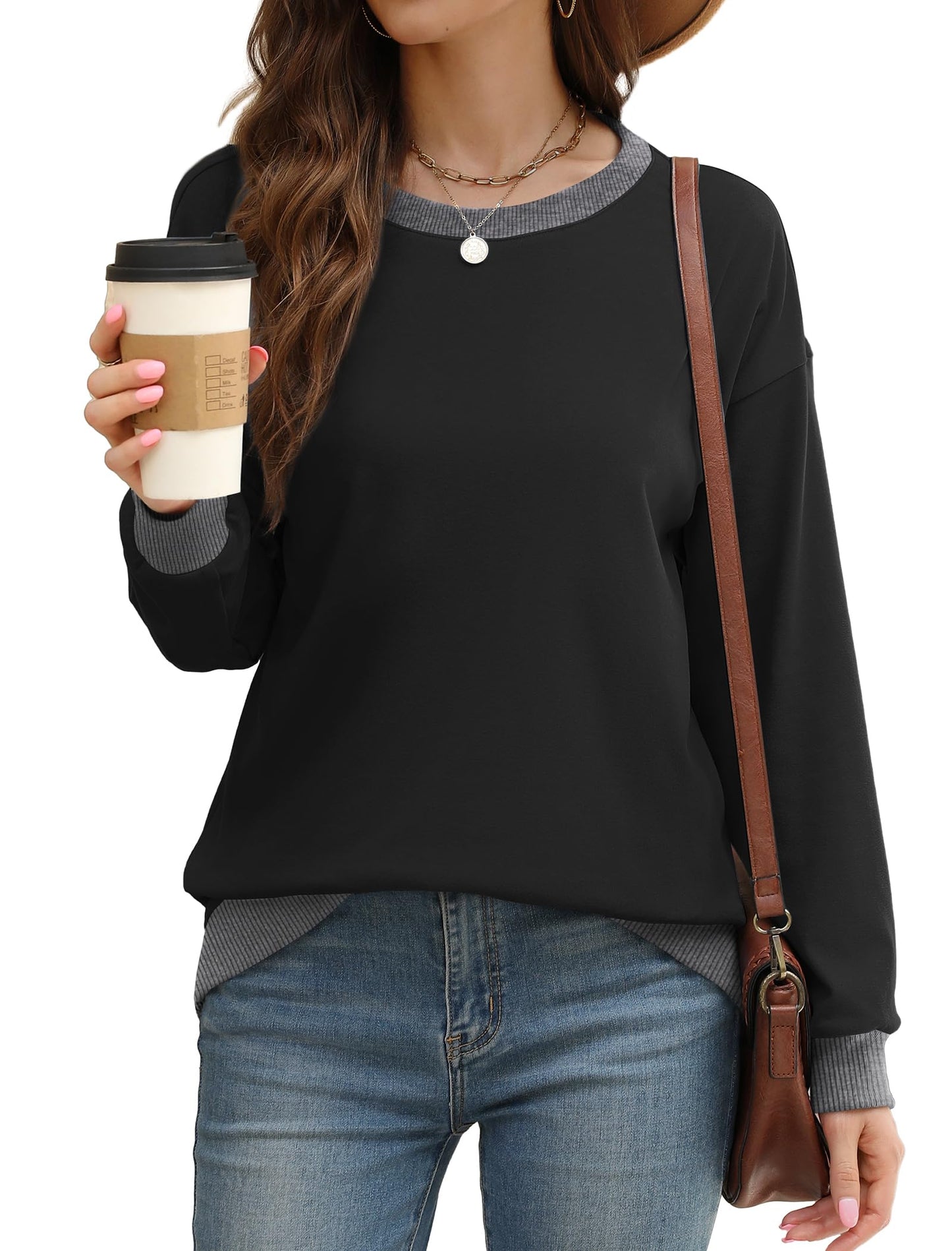 Sweatshirts for Women Crewneck Long Sleeve Loose Fit Tops Color Block Ribbed Trim Fashion