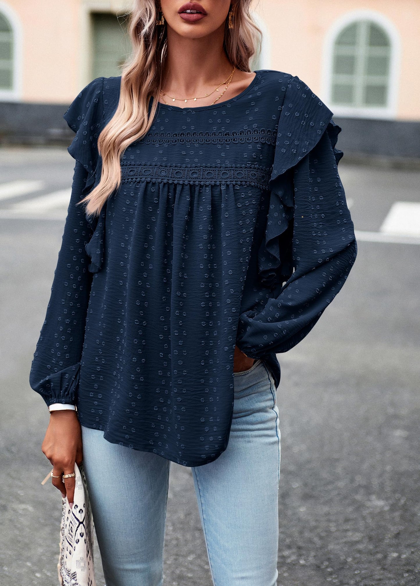 Women's Long Sleeve Blouses Ruffle Swiss Dot Crochet Loose Fit