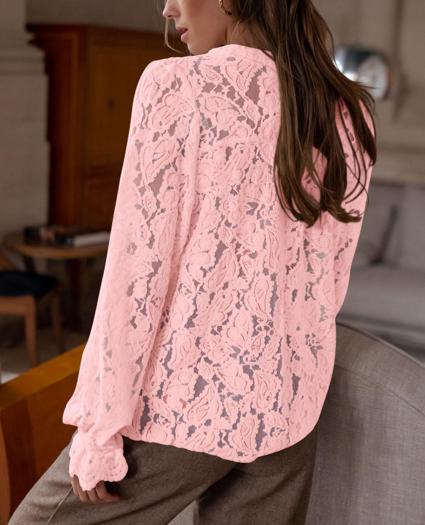 Women's Dressy Casual Lace Blouse Long Sleeve Button Up Shirts Tops