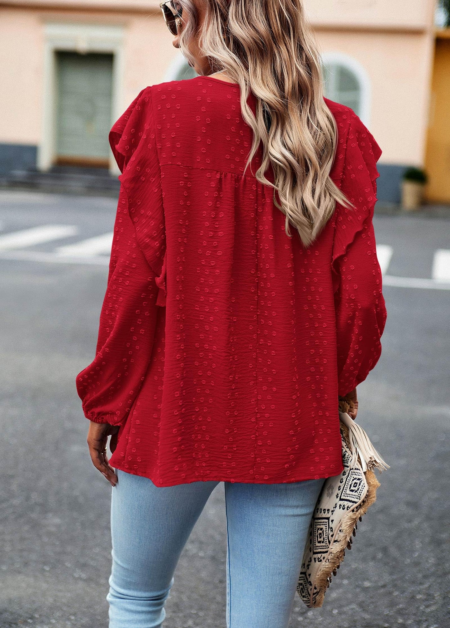 Women's Long Sleeve Blouses Ruffle Swiss Dot Crochet Loose Fit
