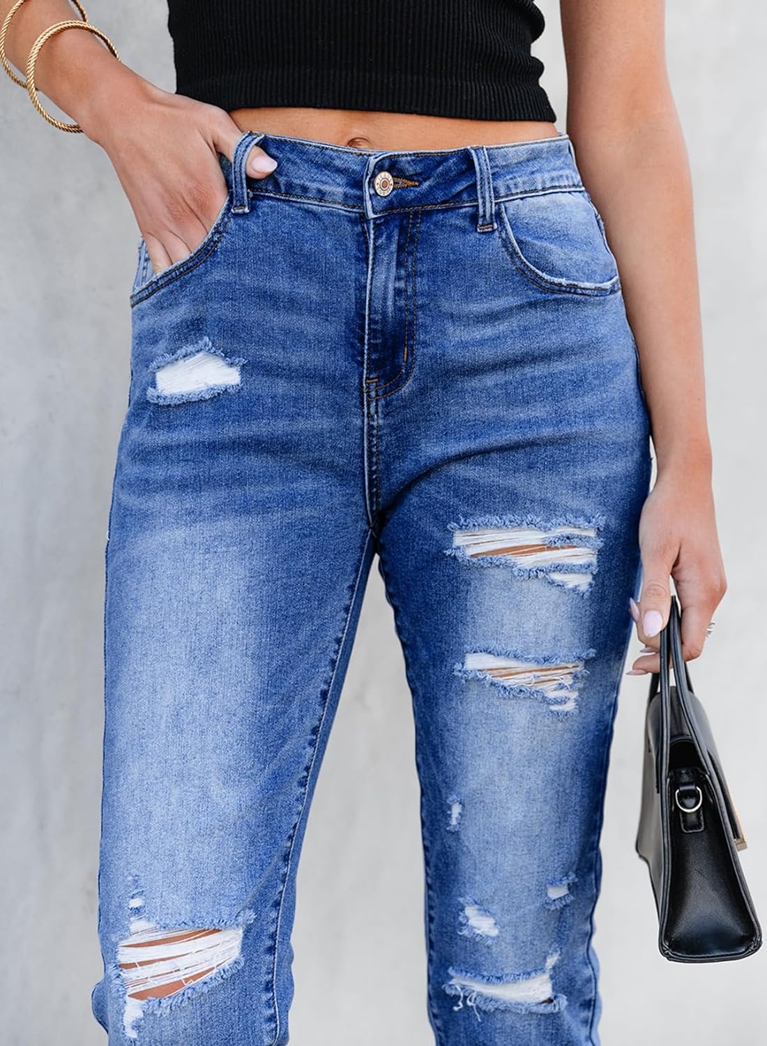Women's Ripped Jeans Straight Leg Distressed Boyfriend Denim Pants