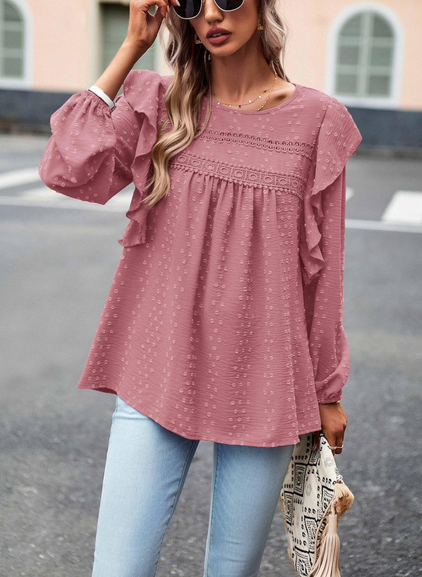 Women's Long Sleeve Blouses Ruffle Swiss Dot Crochet Loose Fit