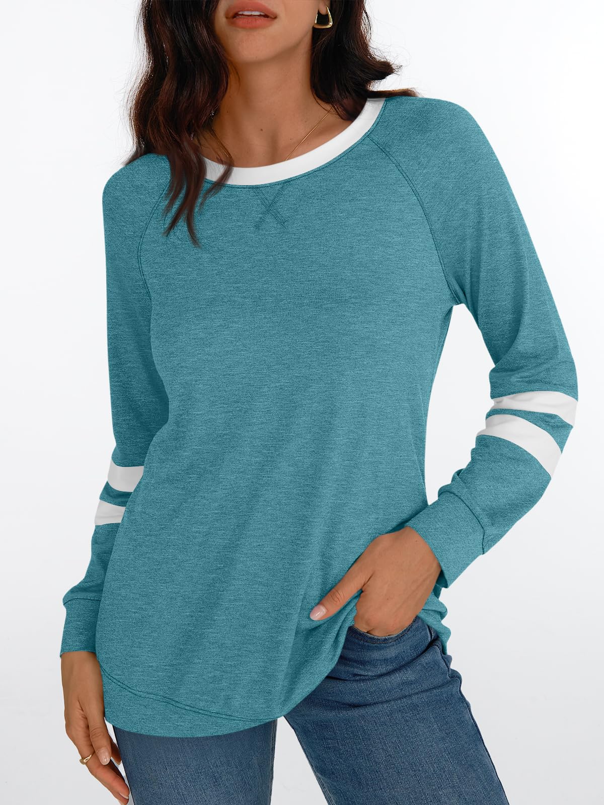 Womens Long Sleeve Shirts Color Block Casual Crewneck Tops Tshirt Basic Tees Fashion Clothes Trendy Outfits