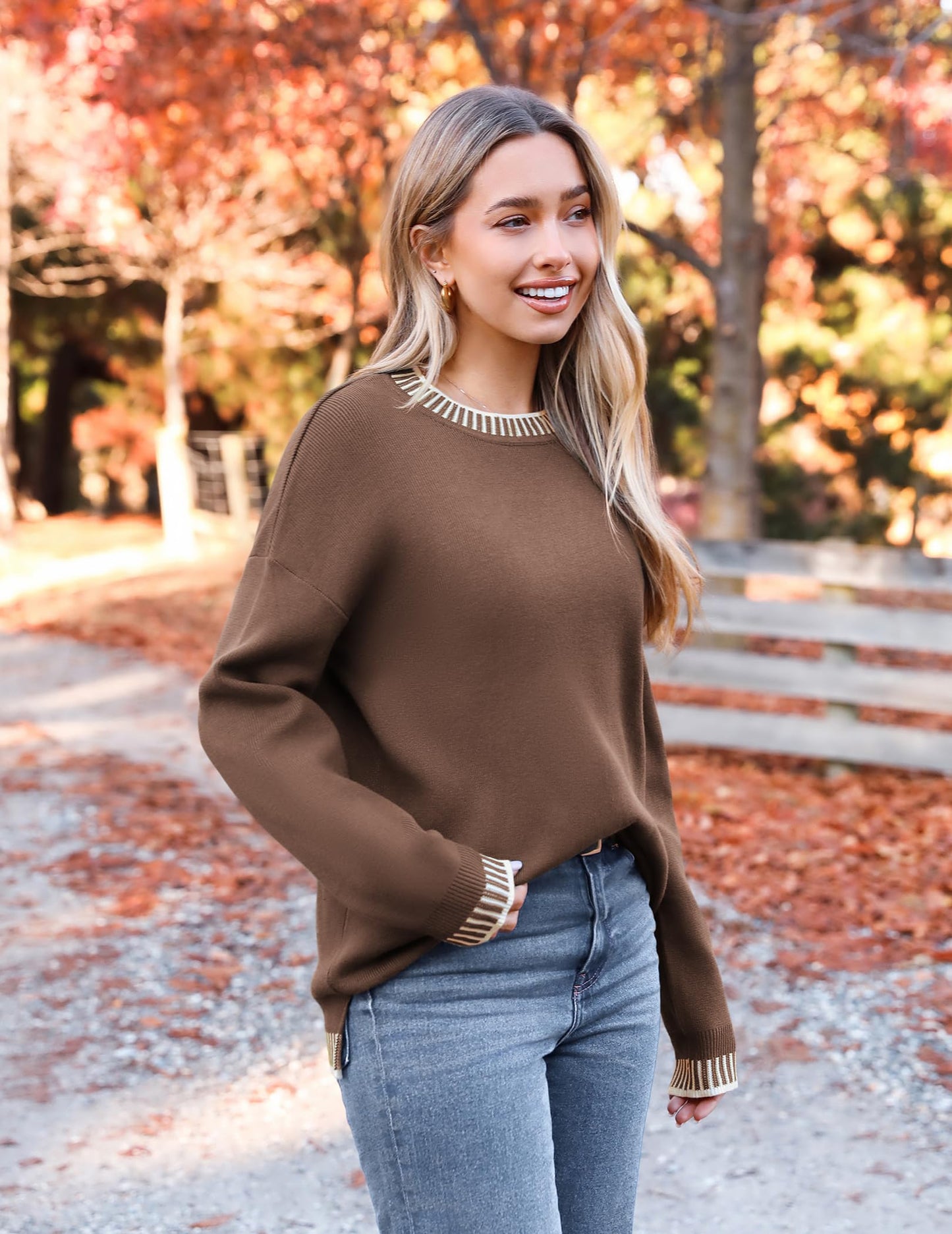 Womens Crewneck Pullover Sweater Long Sleeve Knit Side Slit
