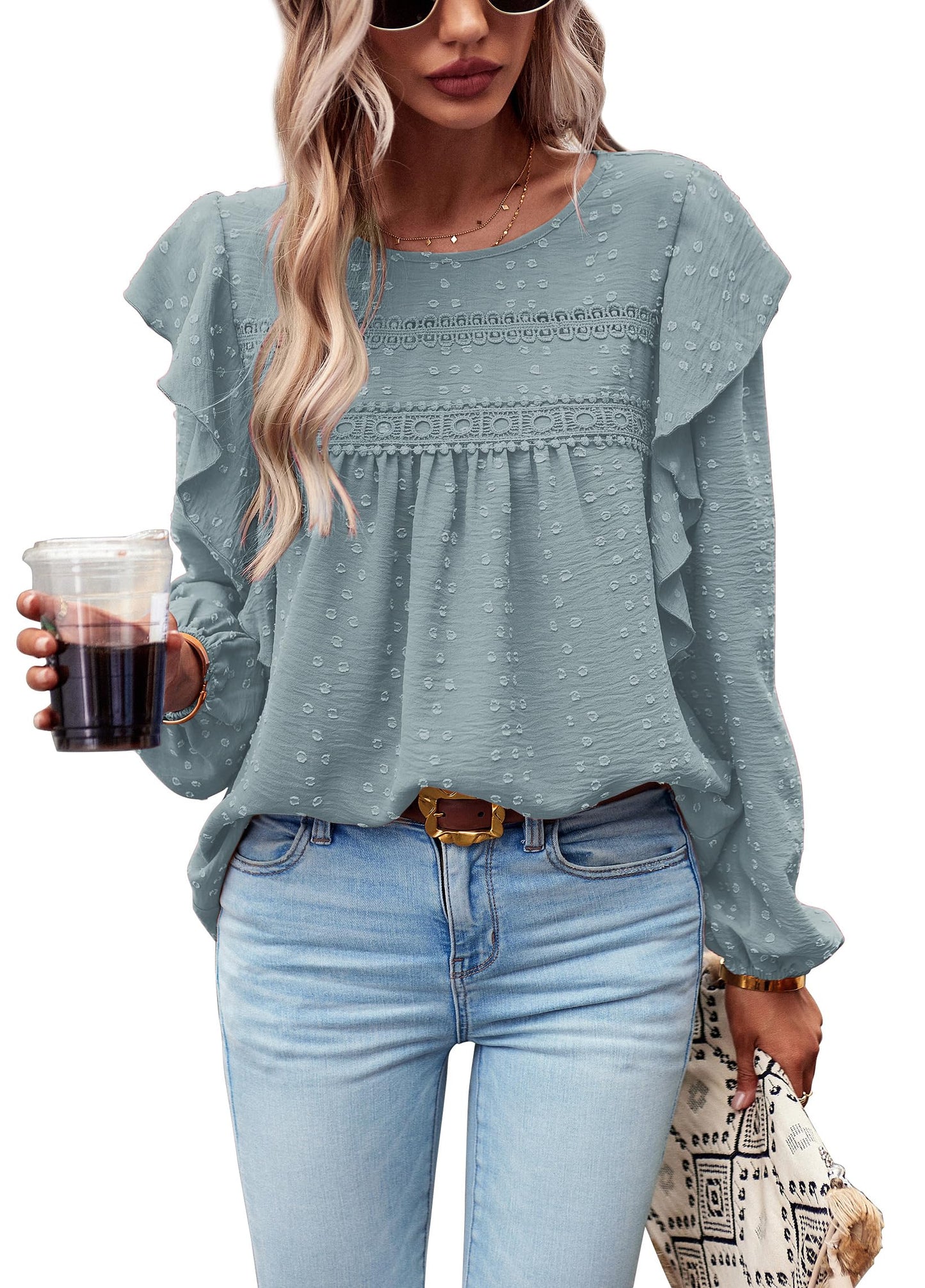 Women's Long Sleeve Blouses Ruffle Swiss Dot Crochet Loose Fit