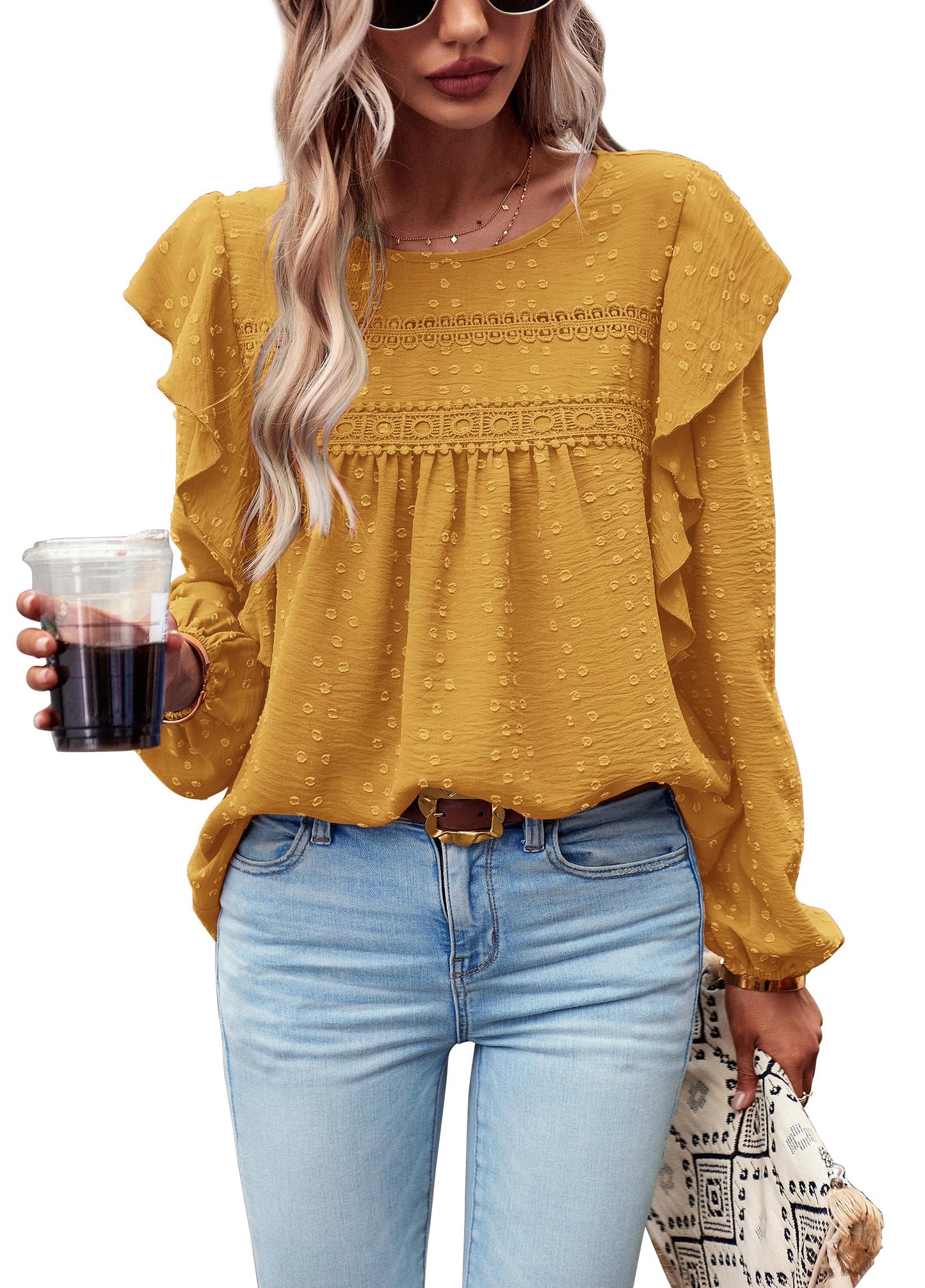 Women's Long Sleeve Blouses Ruffle Swiss Dot Crochet Loose Fit
